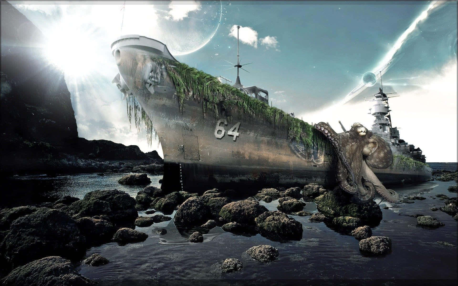 Dark Surrealism 桌布 壁紙 — 一艘風化的軍艦64號擱淺在長滿苔蘚的岩石海岸上，一隻巨型章魚從水中出現，背景是帶有月亮和光束的超現實天空。