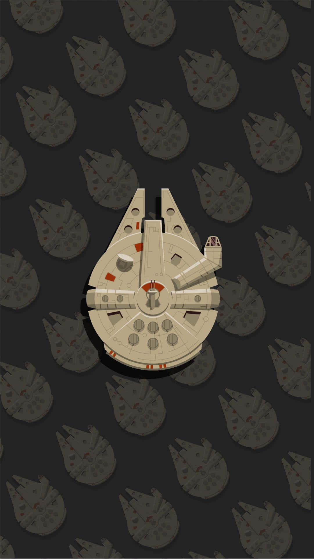 Star Wars Phone 桌布 壁紙 — 一艘風格化的千年鷹號太空船，居中於深灰色背景上，帶有重複的褪色船隻圖案。