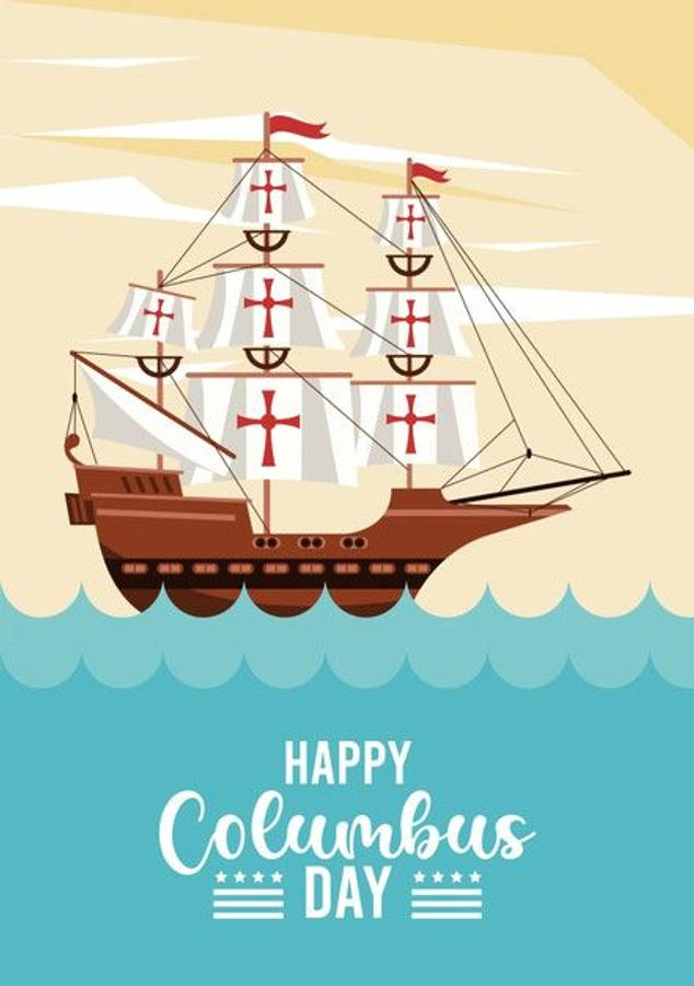 Columbus Day 桌布 壁紙 — 一艘風格化的復古帆船，白色帆上有紅色十字，在淡黃色天空下於藍綠色波浪上滑行。