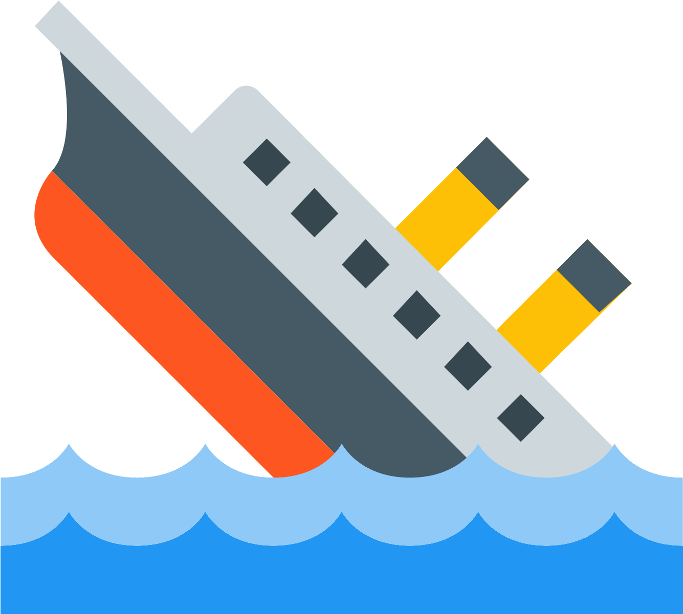 sinking boat 桌布 壁紙 — 一艘風格化的沉船，橙色船身和黃色煙囪傾斜入藍色波浪中，背景為黑色。