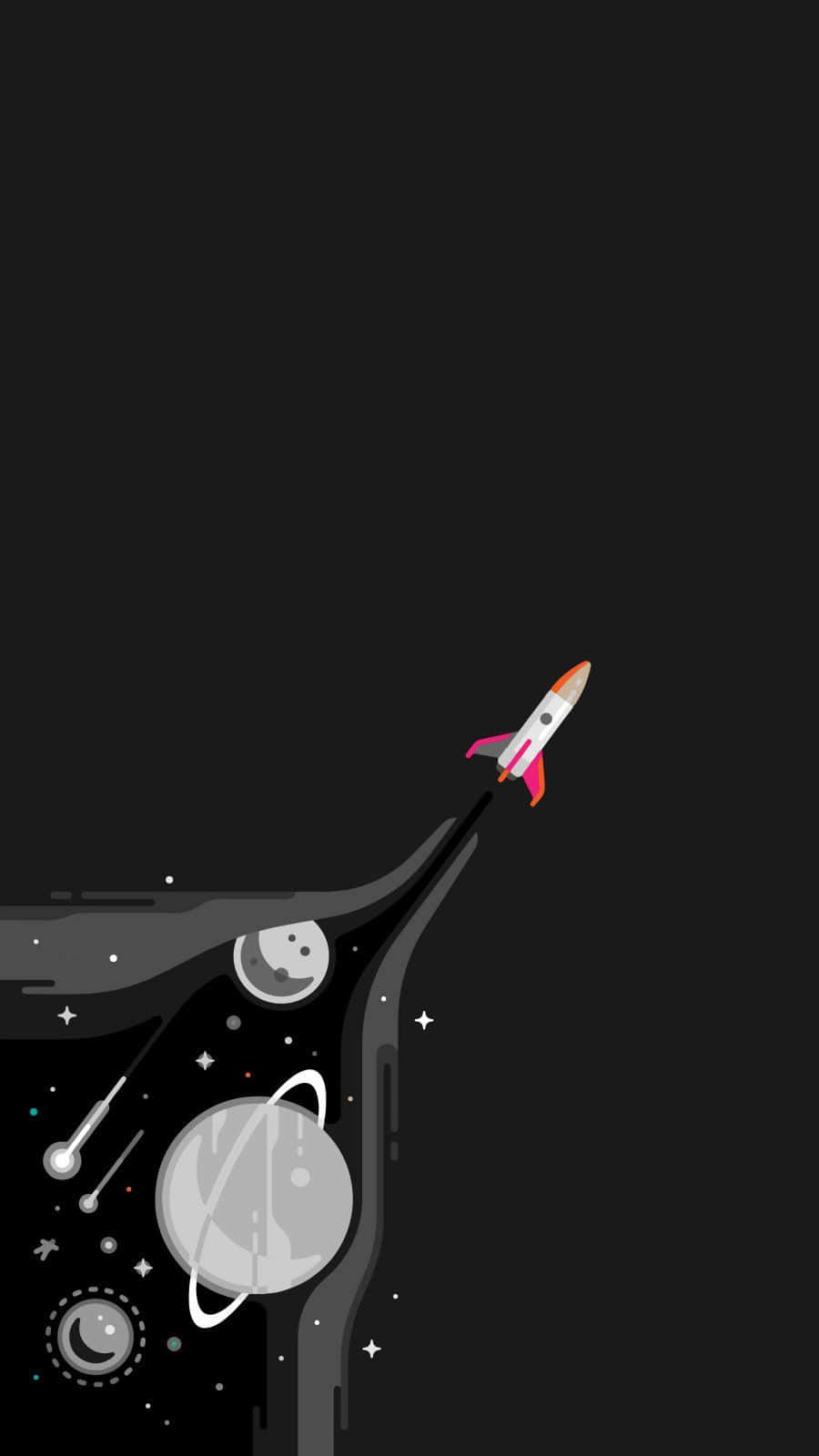 桌布 壁紙 — 一艘風格化的火箭穿過一條由行星和恆星排列的宇宙隧道，向黑暗虛空升空。