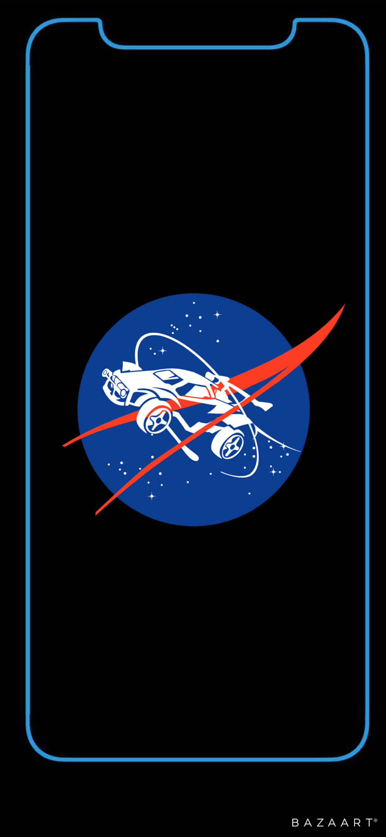 iPhone Xs Max Rocket League 桌布 壁紙 — 一艘風格化的白色太空船在藍色圓圈內繞行，帶有紅色對角線條紋，背景為黑色手機螢幕。
