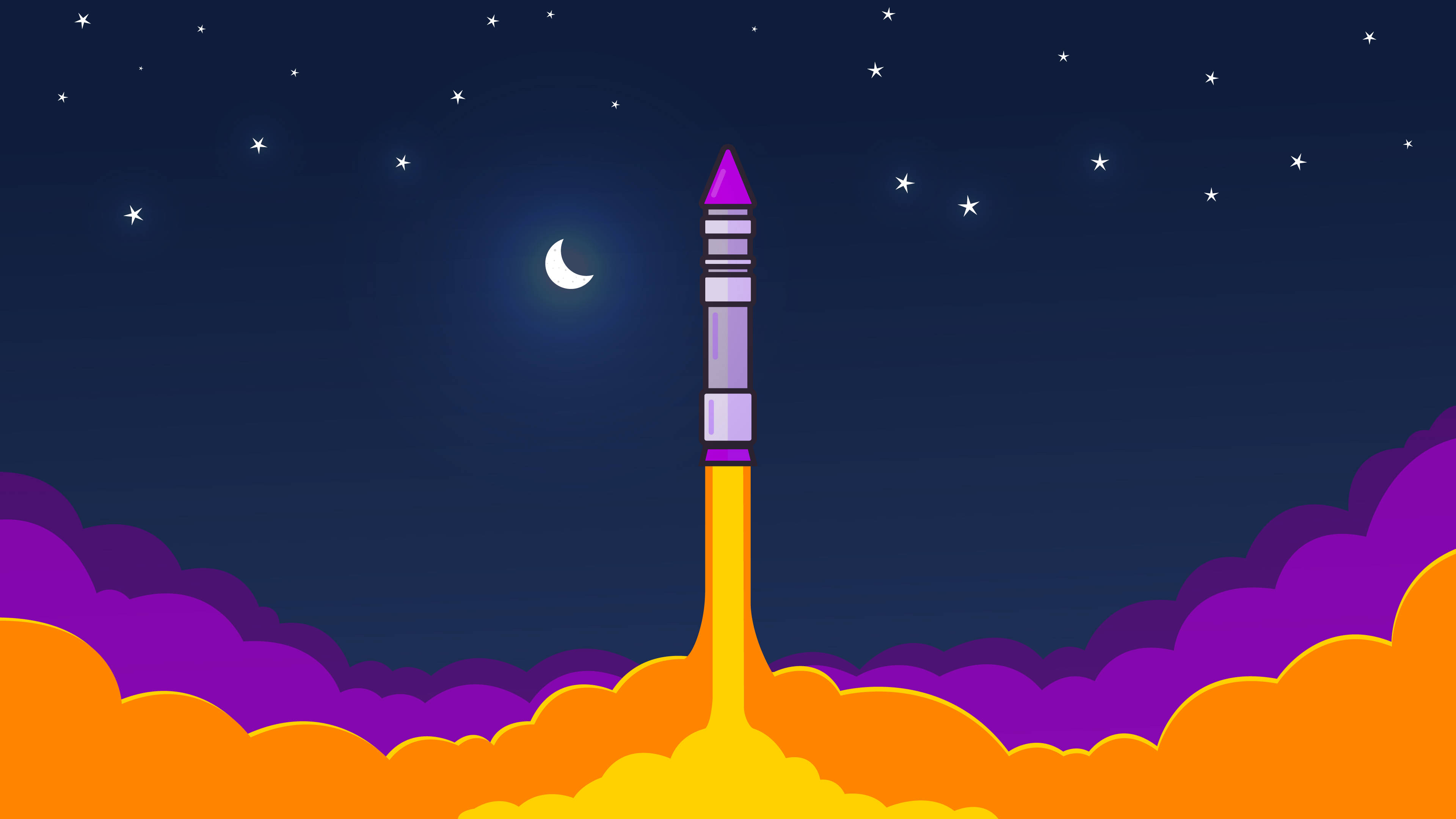 火箭 桌布 壁紙 — 一艘風格化的紫色火箭在繁星點點的夜空下穿過色彩繽紛的雲層發射，伴隨著一彎新月。