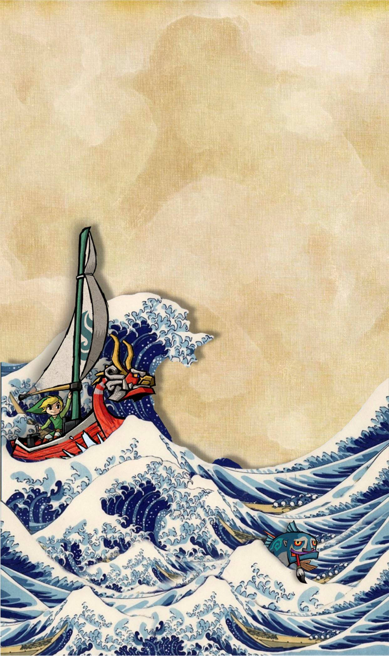 日式海浪 桌布 壁紙 — 一艘風格化的船在日式木版畫藝術風格中與高聳的藍色波浪搏鬥，一條小魚在波浪上乘風破浪。