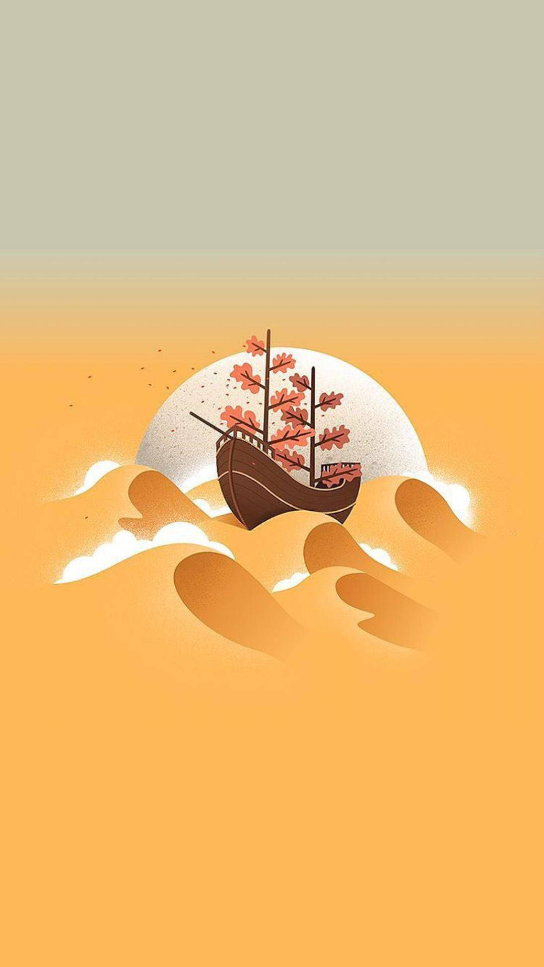 極簡 iPhone 桌布 壁紙 — 一艘風格化的船隻載著秋葉，在風格化的波浪上行駛，下方是巨大的淡色太陽，背景是橙色漸變天空。