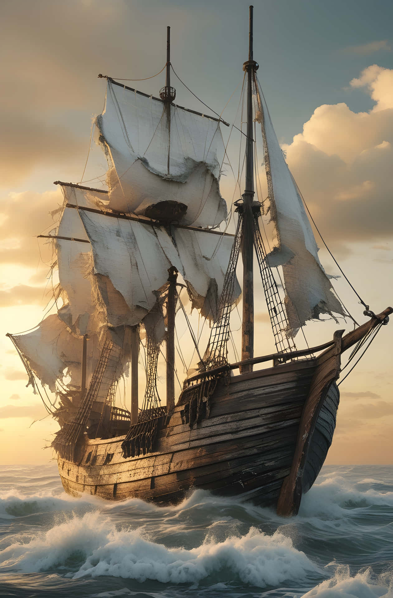 Ancient Voyager at Sunset 壁紙 — 一艘飽經風霜的木製帆船，帶著破爛的白帆，在金色夕陽天空下與波濤洶湧的海浪搏鬥。