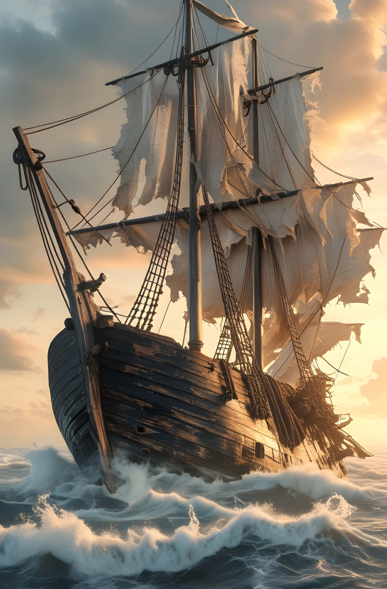 The Ghostly High Seas Galleon 壁紙 — 一艘飽經風霜的木製帆船，帶著破爛的帆，在戲劇性的日落天空下與洶湧的海浪搏鬥。