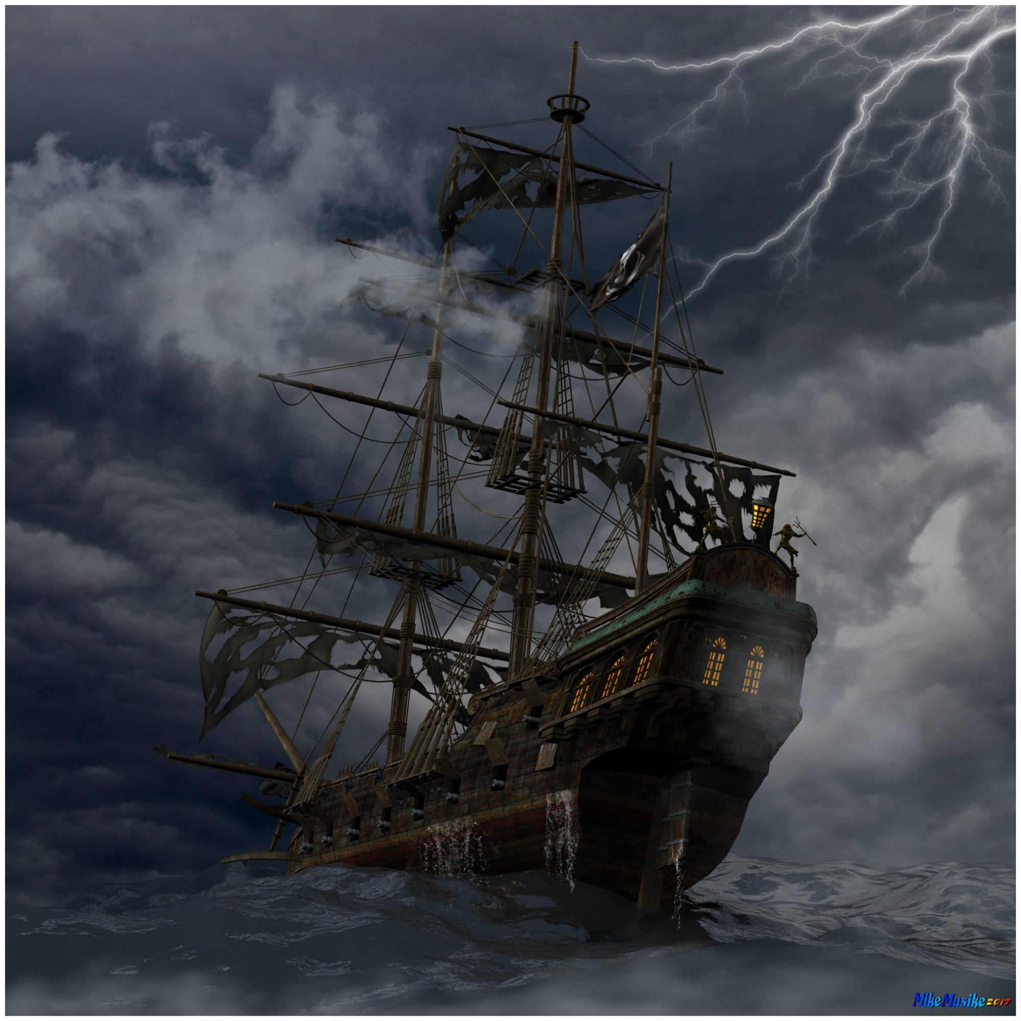 Ghost Ship 桌布 壁紙 — 一艘飽經風霜的海盜船在雷電交加的天空下與波濤洶湧的大海搏鬥。