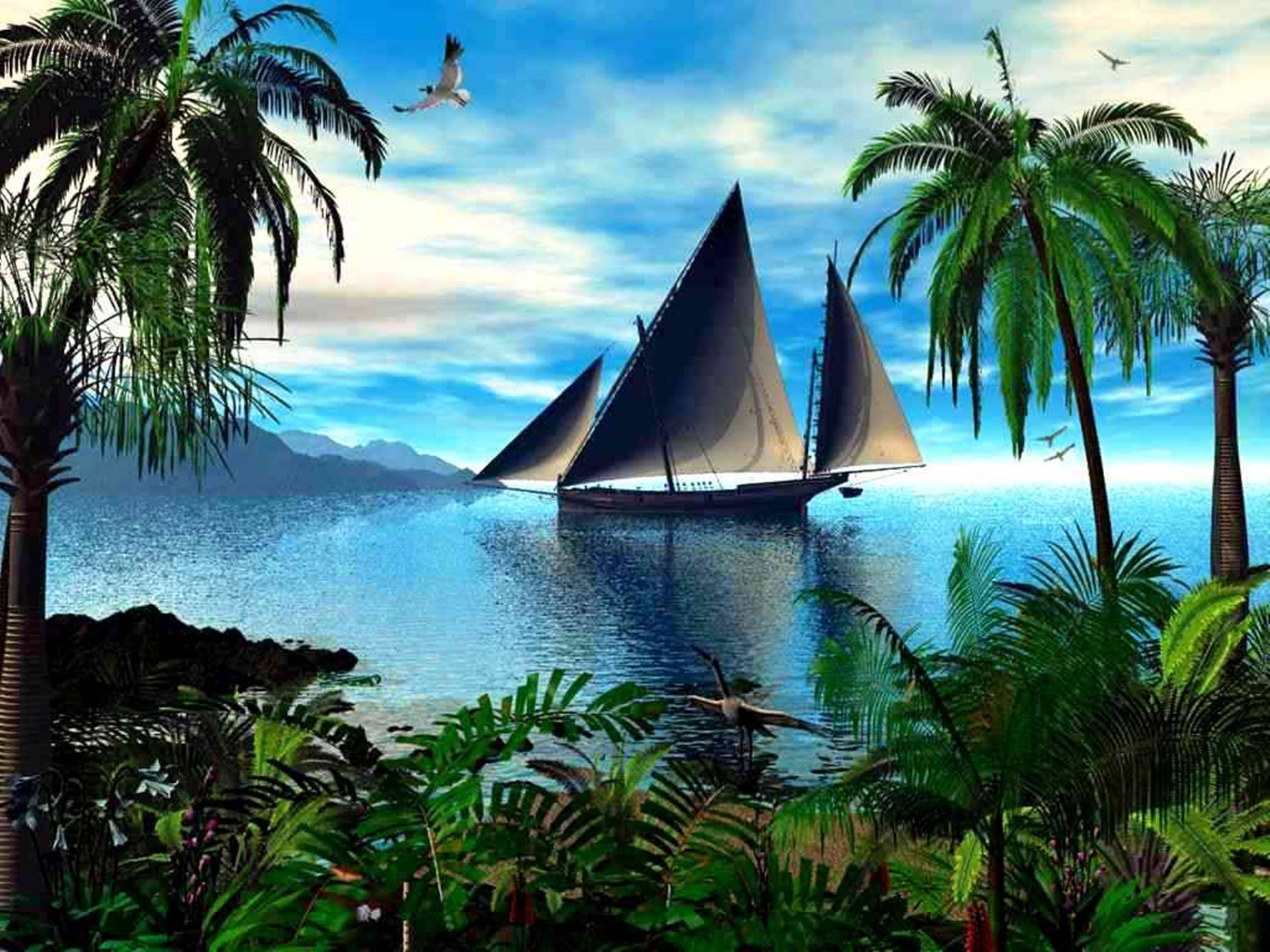 Boat 桌布 壁紙 — 一艘高大的帆船在平靜的碧綠海面上滑行，周圍是茂密的熱帶棕櫚樹和遠山，頭頂是明亮的藍天。