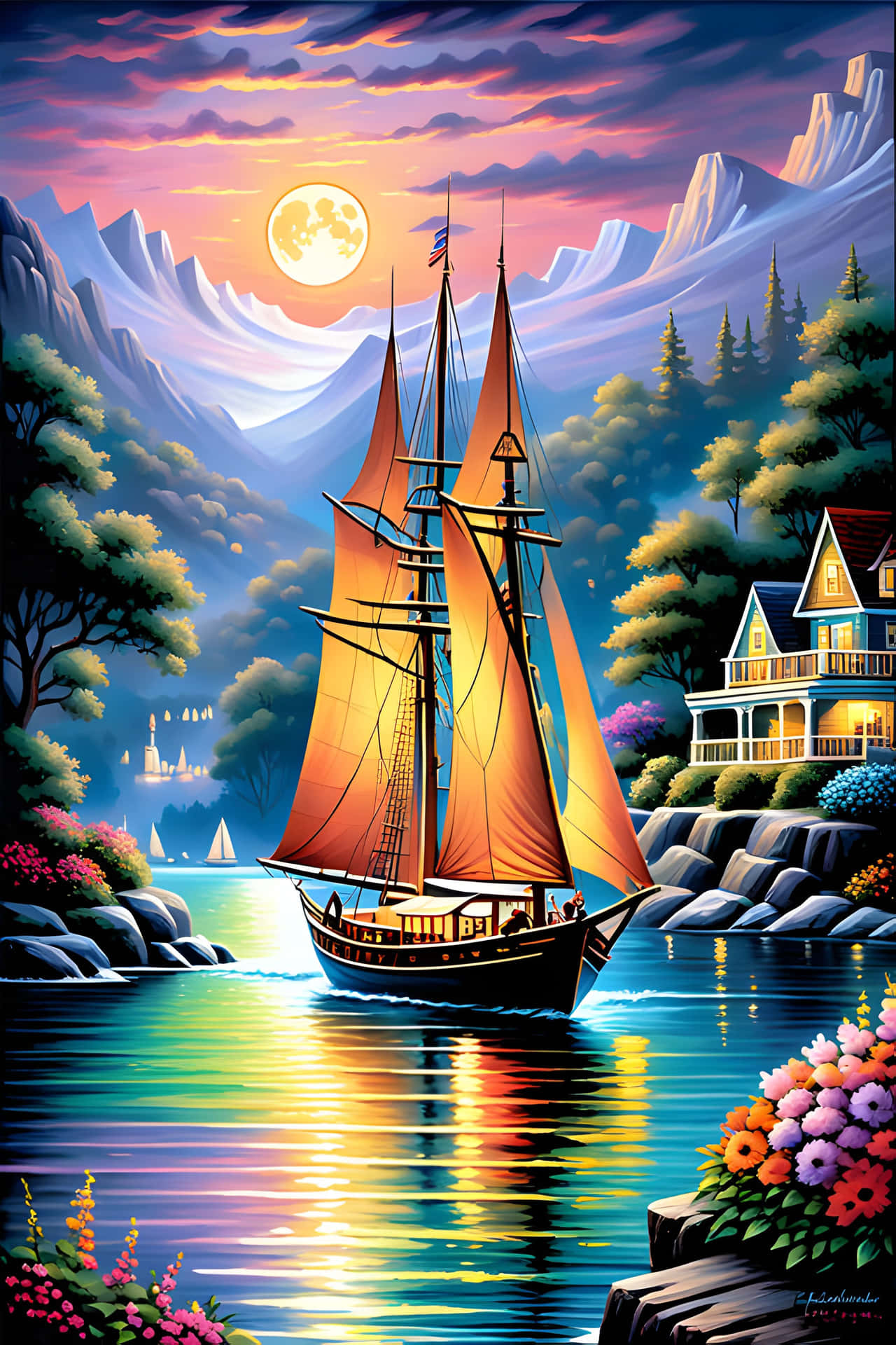 Sailboat at Sunset A Peaceful Coastal Scene 壁紙 — 一艘高桅帆船閃爍著光芒，滑過充滿活力的暮色湖泊，周圍環繞著山脈和舒適的湖邊小屋。