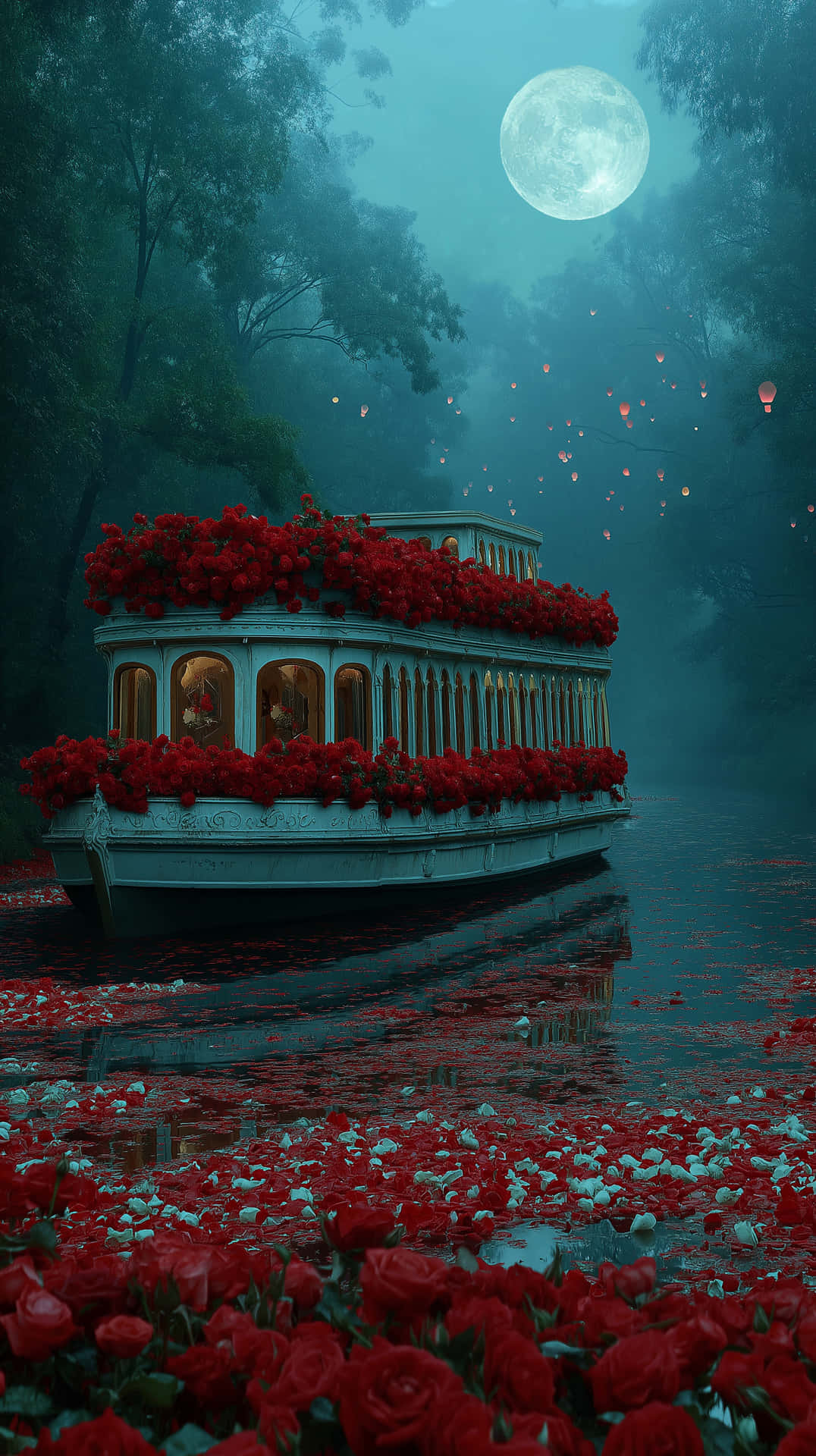 Moonlit Floral Boat on Tranquil Waters - Dreamy Night Scene 壁紙 — 一艘點綴著紅玫瑰的月光河船在迷霧森林中漂浮，發光的燈籠向上飄升。