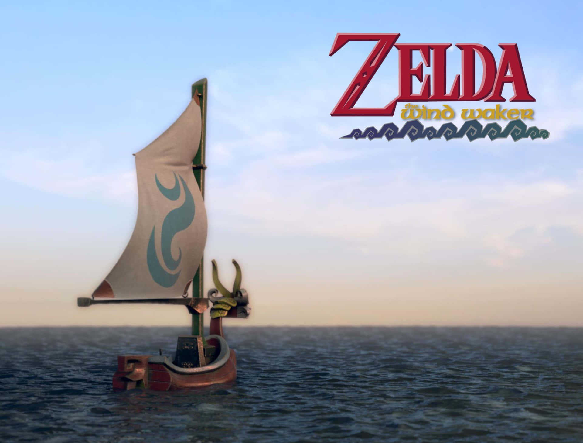 The Legend Of Zelda The Wind Waker 桌布 壁紙 — 一艘龍頭船首的帆船在平靜的海面上滑行，天空柔和暮色，帶有「薩爾達傳說 風之律動」標誌。