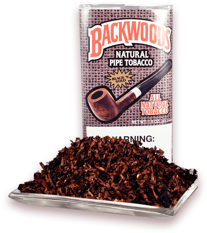 Backwoods 桌布 壁紙 — 一袋 Backwoods Black 'n Gold 天然煙斗煙草，鬆散的煙草灑在黑色背景前的托盤上。