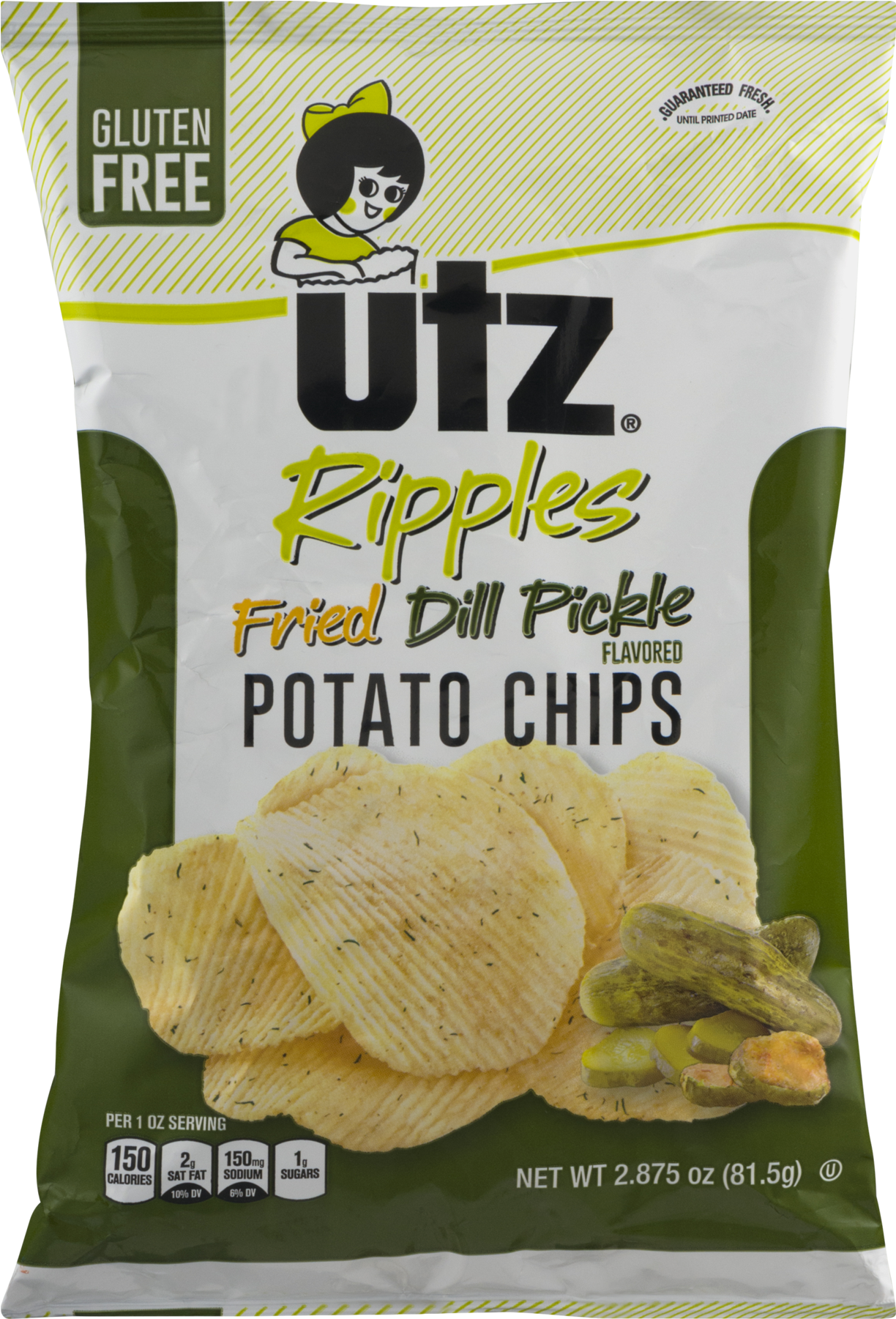 Pickle 桌布 壁紙 — 一袋 Utz Ripples 炸蒔蘿泡菜味薯片，附有卡通吉祥物和營養資訊。