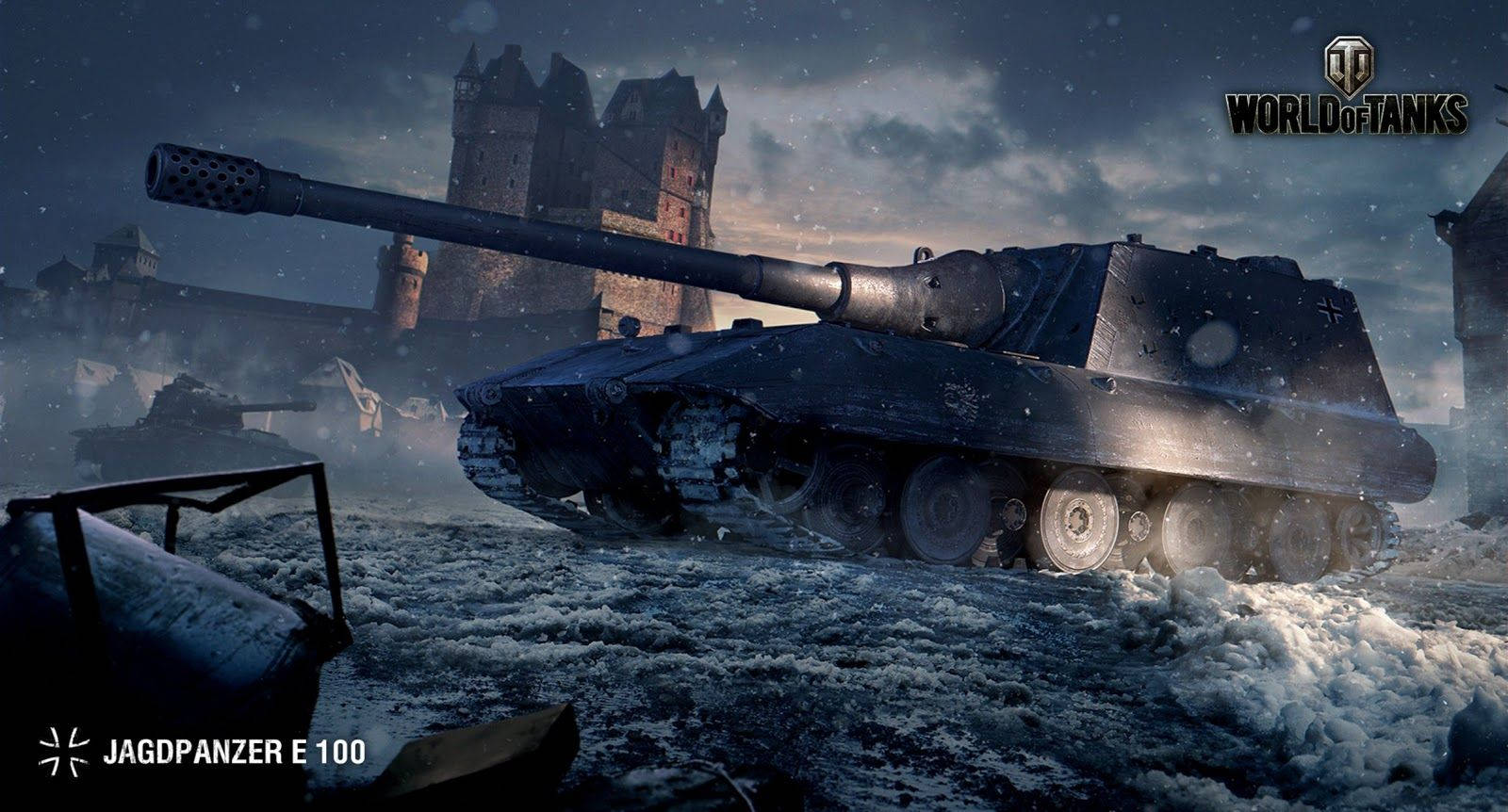 World 桌布 壁紙 — 一輛 Jagdpanzer E 100 坦克在暴風雨夜空的背景下，穿越雪地戰場，背景有一座廢墟城堡。