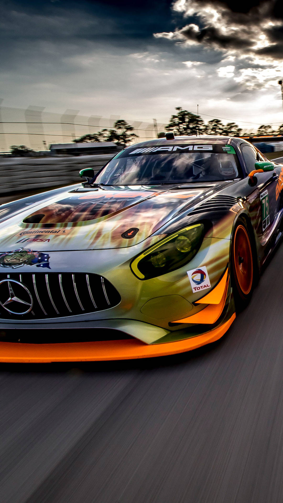 amg iPhone 桌布 壁紙 — 一輛 Mercedes-AMG 賽車在戲劇性的多雲天空下沿著賽道飛馳，動態模糊強調了速度。
