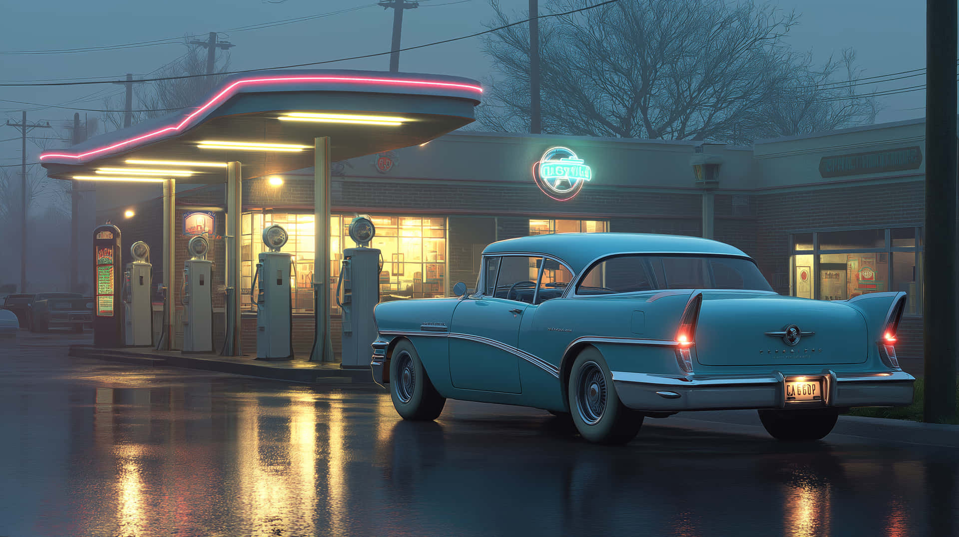 Vintage Auto at a Retro Service Station on a Wet Night 壁紙 — 一輛1950年代的青綠色汽車在霓虹燈下閃閃發光，位於有霧的加油站，濕漉漉的路面反射著光線。
