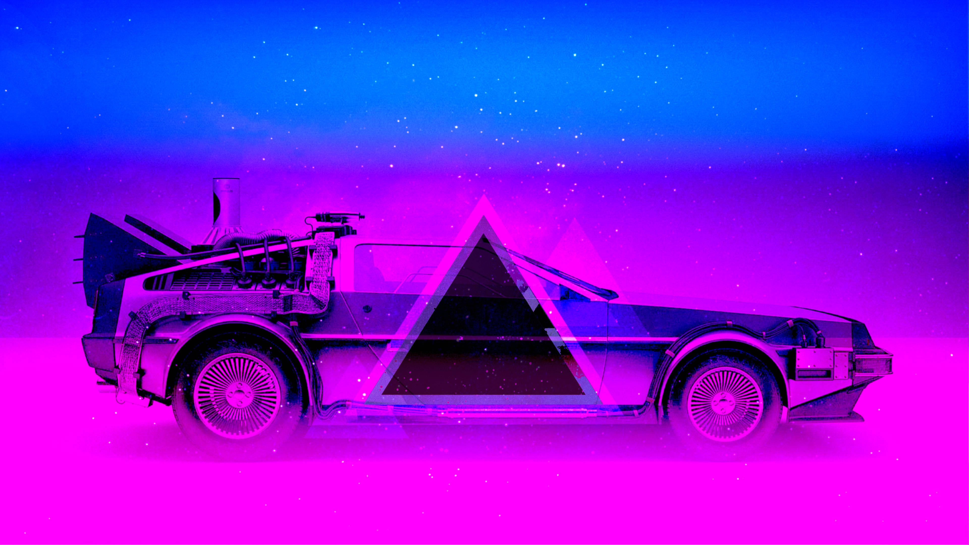Vaporwave 桌布 壁紙 — 一輛DeLorean時光機在星空漸變的天空下發出霓虹紫和藍色的光芒。