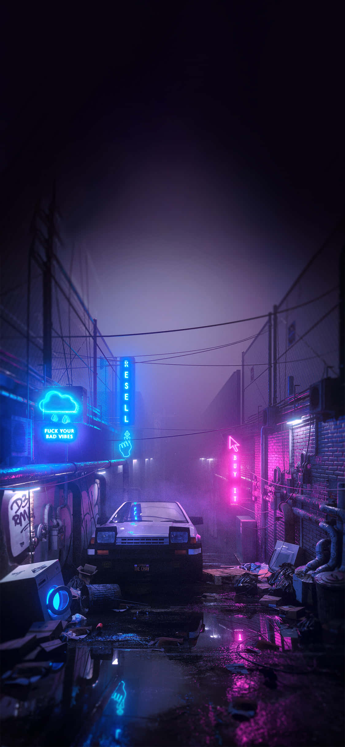 賽博龐克 桌布 壁紙 — 一輛DeLorean汽車在夜晚被遺棄在充滿霓虹燈的霧氣小巷中，發光的粉紅色和藍色招牌映照在潮濕的路面上。