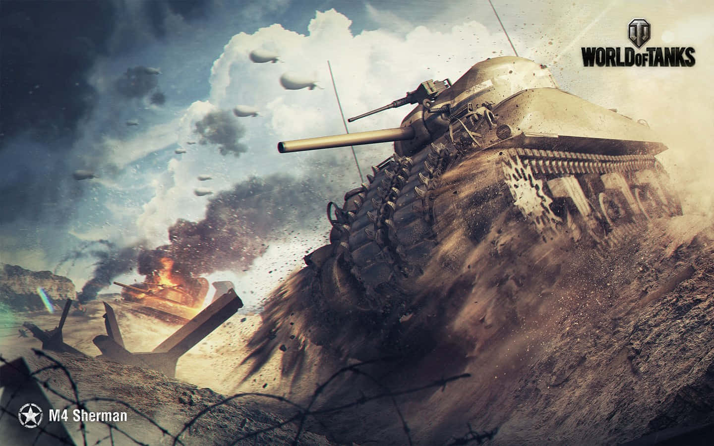 games 桌布 壁紙 — 一輛M4雪曼戰車在爆炸和煙霧的背景下，衝過飽受戰爭蹂躪的戰場。