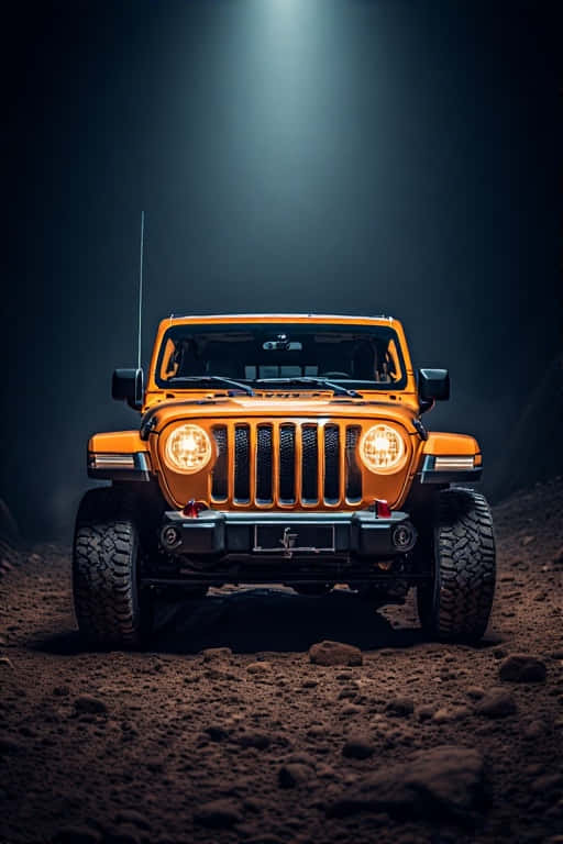 Jeep Wrangler illuminating a rocky trail with its headlights at night. 壁紙 — 一輛亮橙色的Jeep Wrangler，車頭燈發光，在崎嶇的泥土地形上，單一聚光燈下居中停放。