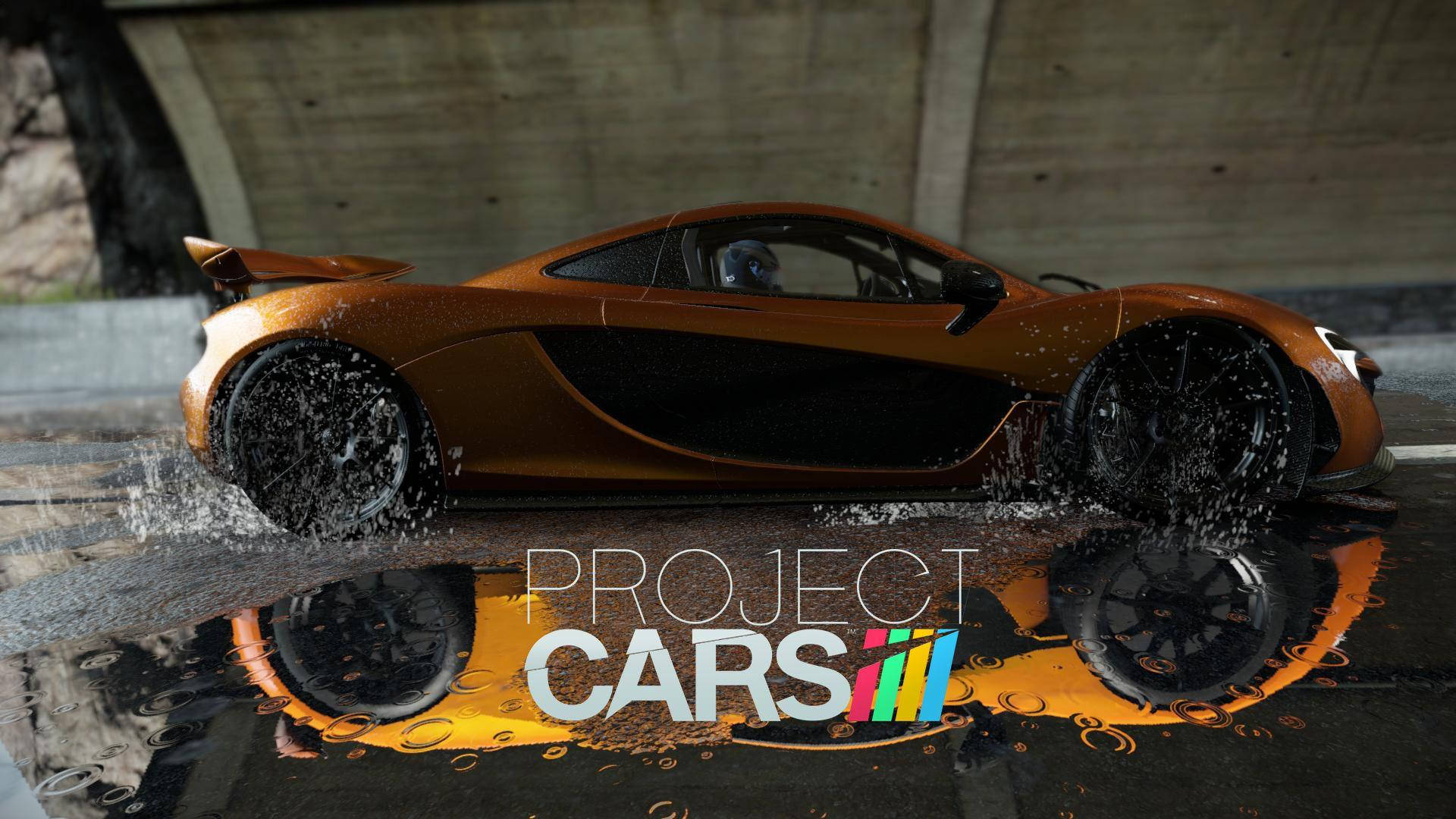橙色跑車在混凝土高架橋下濺起水花，帶有 Project Cars 標誌。