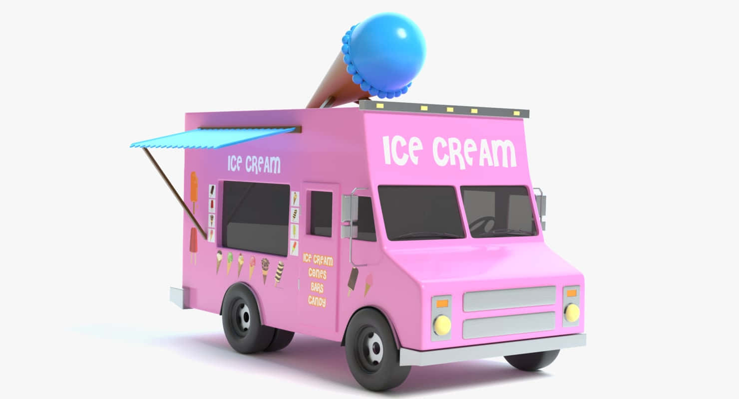 Ice Cream Truck 桌布 壁紙 — 一輛亮粉紅色的3D渲染冰淇淋車，頂部有一個巨大的藍色冰淇淋甜筒和藍色遮陽篷。