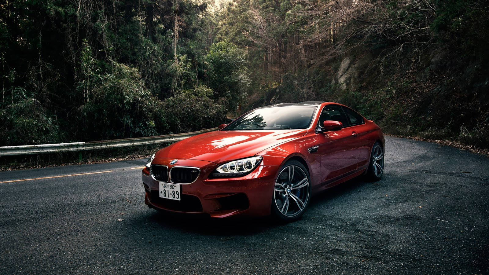 桌布 壁紙 — 一輛亮紅色BMW M6轎跑車停泊在蜿蜒的林間道路上，斑駁的陽光穿過樹木灑落。