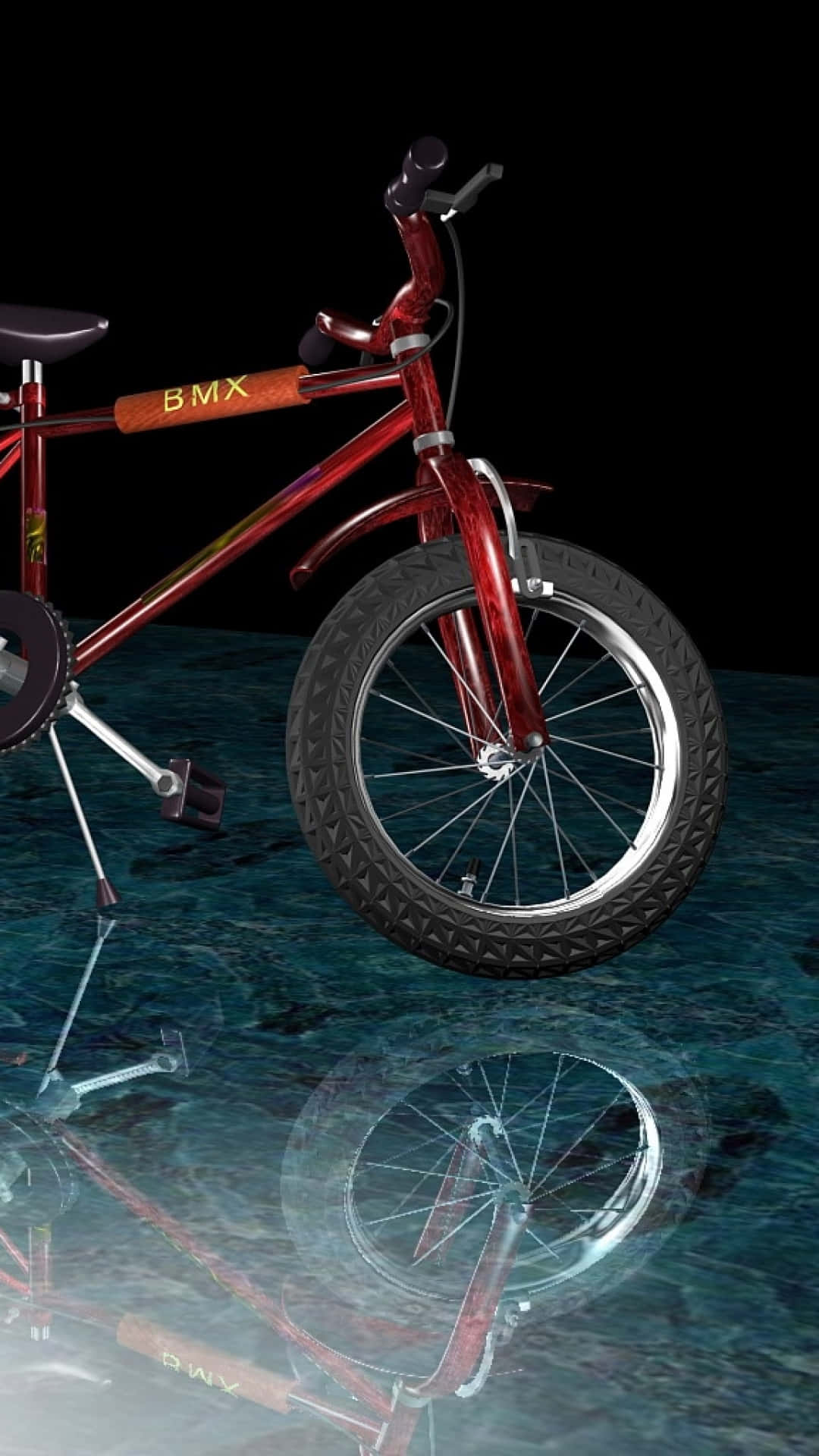 bmx 桌布 壁紙 — 一輛亮紅色BMX自行車立於反射著青綠色的水面上，背景為黑色虛空，下方有倒影。
