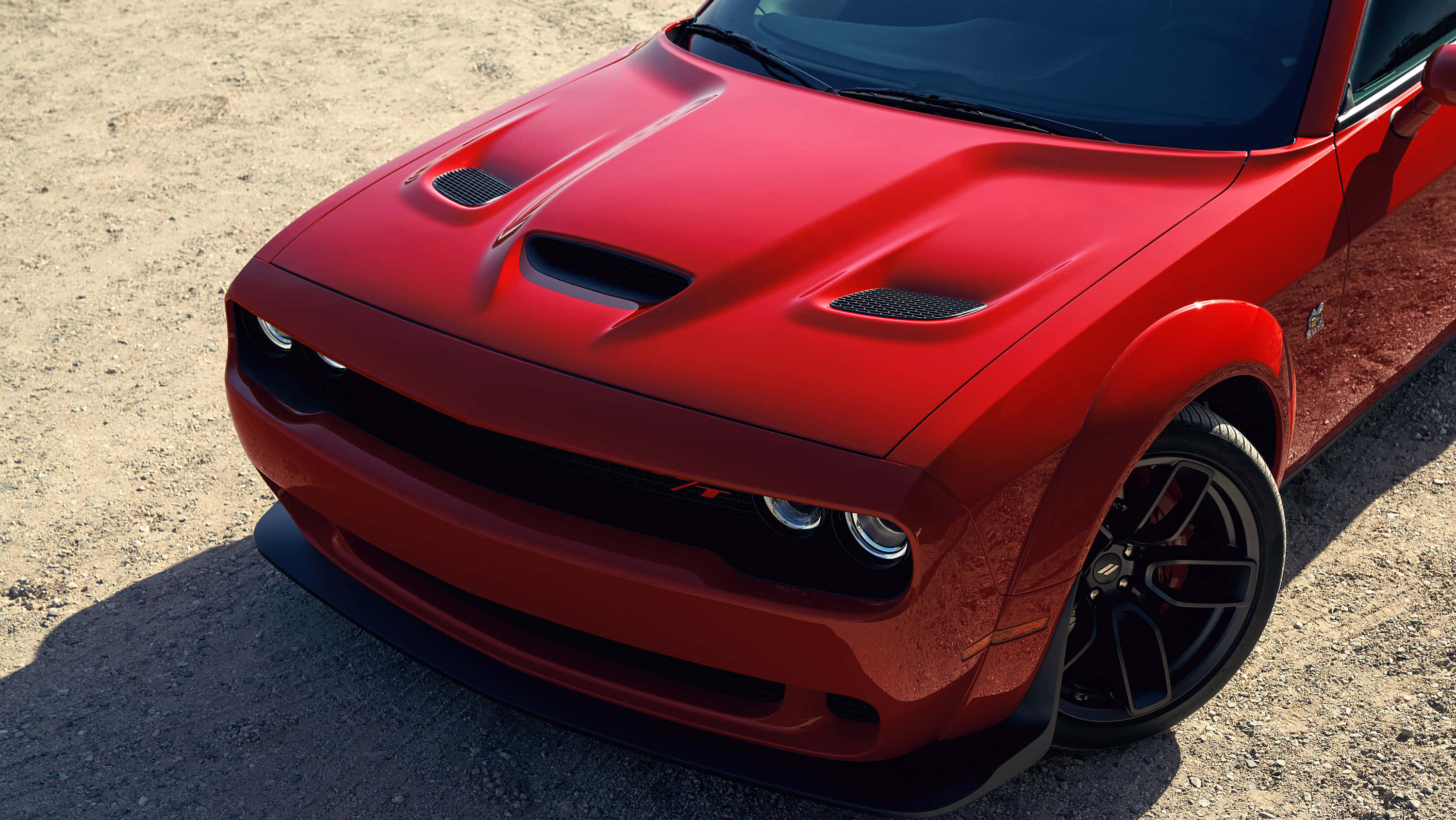 Scat Pack 桌布 壁紙 — 一輛亮紅色Dodge Challenger RT跑車停放在陽光下的礫石地上。