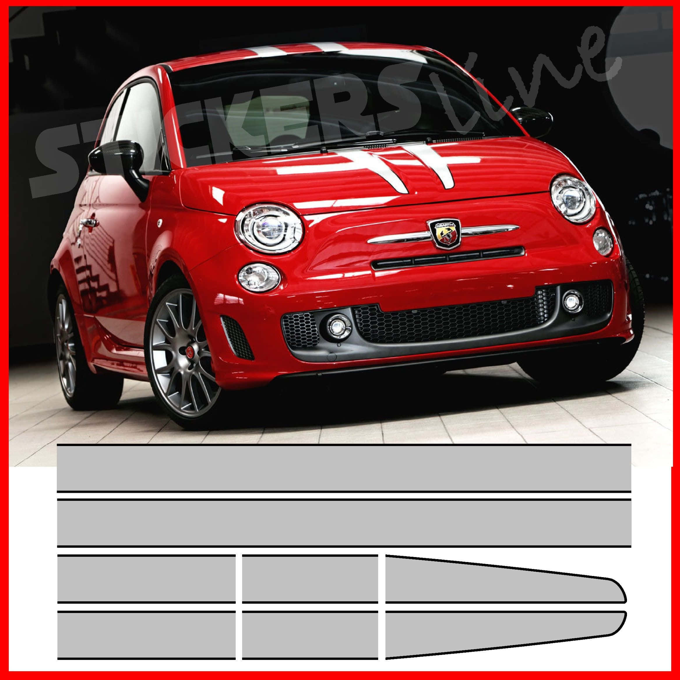 Abarth 695 Tributo Ferrari 桌布 壁紙 — 一輛亮紅色Fiat 500帶有白色賽車條紋，下方顯示灰色乙烯基貼紙條以供客製化。