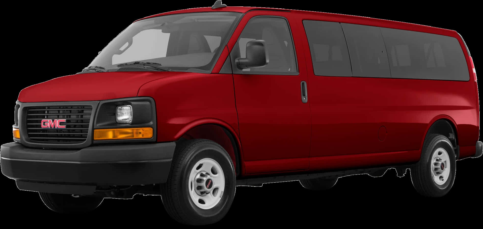Gmc Savana 桌布 壁紙 — 一輛亮紅色GMC客車側面展示，背景透明，可見車輪和有色車窗。