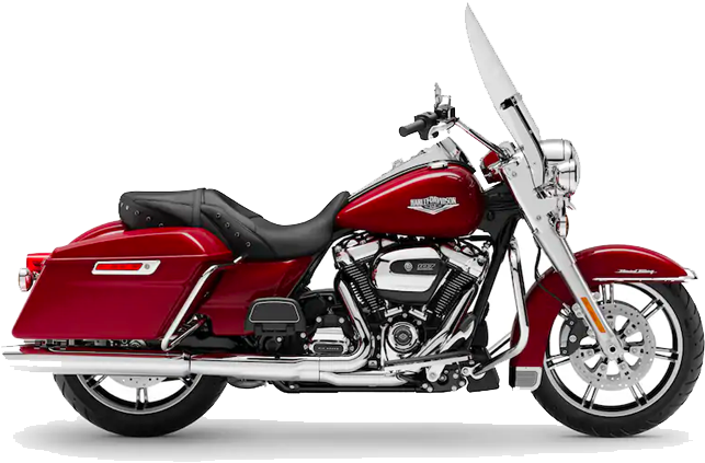 哈雷戴維森 桌布 壁紙 — 一輛亮紅色Harley-Davidson旅行摩托車，帶有鍍鉻裝飾和黑色皮革座椅，孤立地立在白色背景上。