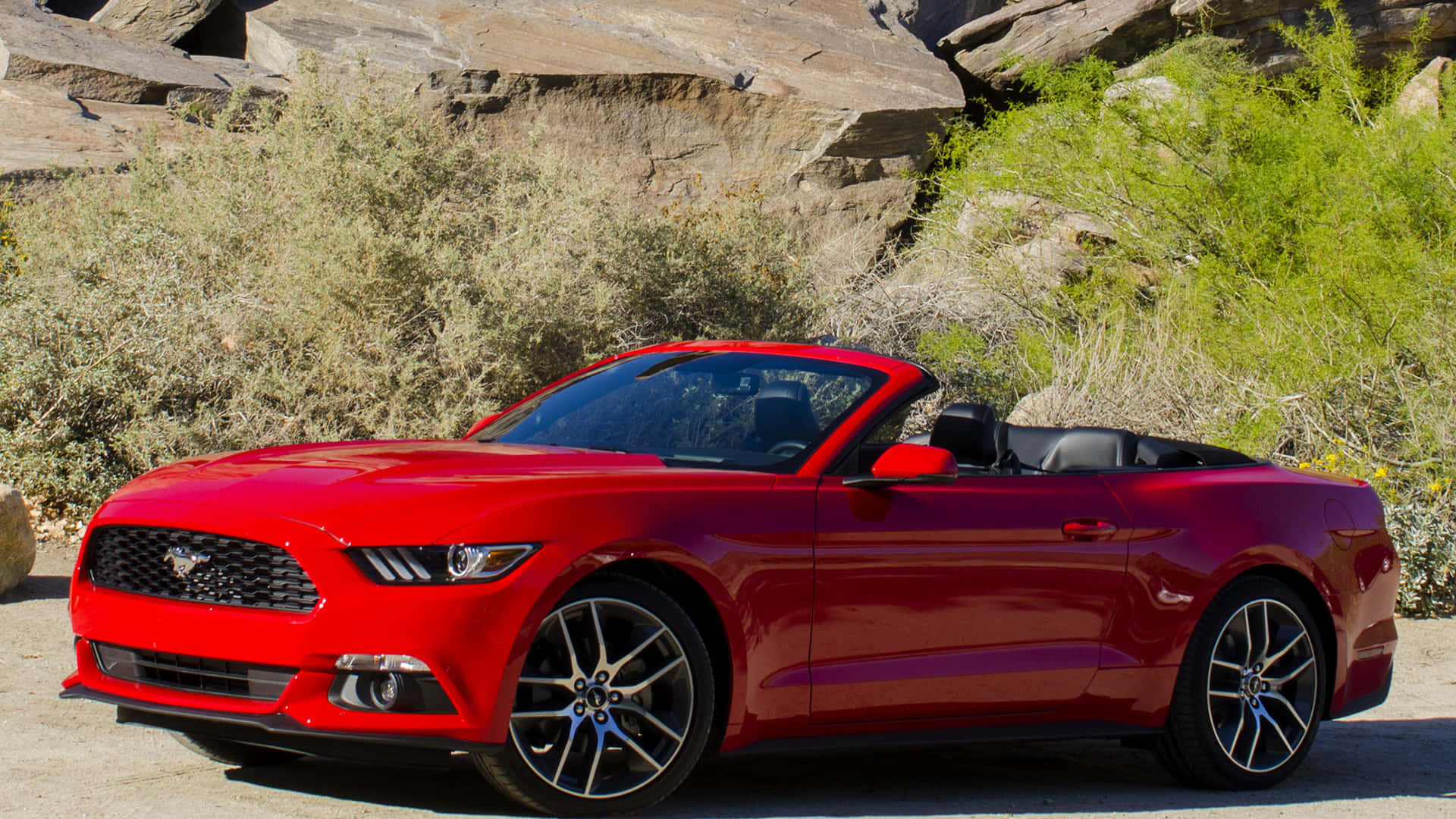 Ford Mustang Ecoboost 桌布 壁紙 — 一輛亮紅色敞篷跑車停泊在陽光明媚的沙漠公路上，旁邊是岩石地形和乾燥灌木。