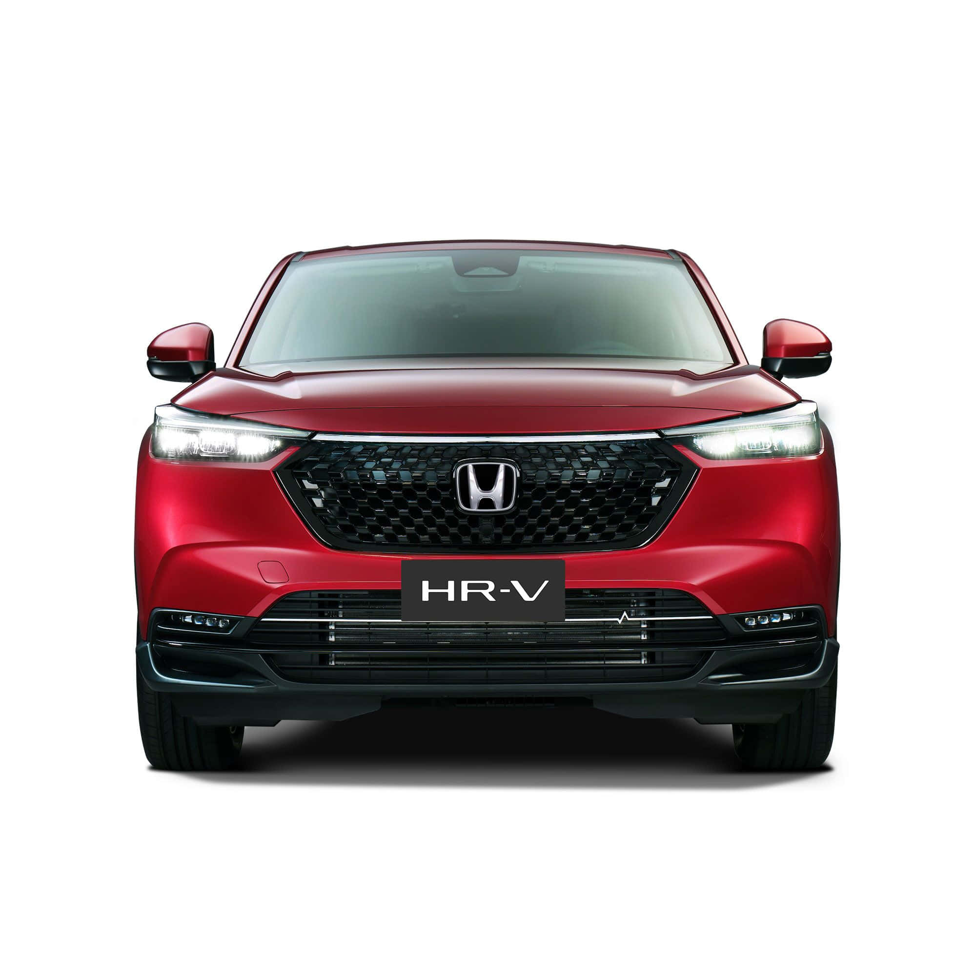 Honda Hr-v 桌布 壁紙 — 一輛亮紅色本田 HR-V SUV 正面展示在乾淨的白色背景上，頭燈亮起。