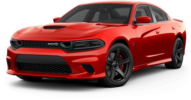 道奇 桌布 壁紙 — 一輛亮紅色的 Dodge Charger SRT Hellcat 轎車，帶有黑色飾件和侵略性造型，背景為黑色。