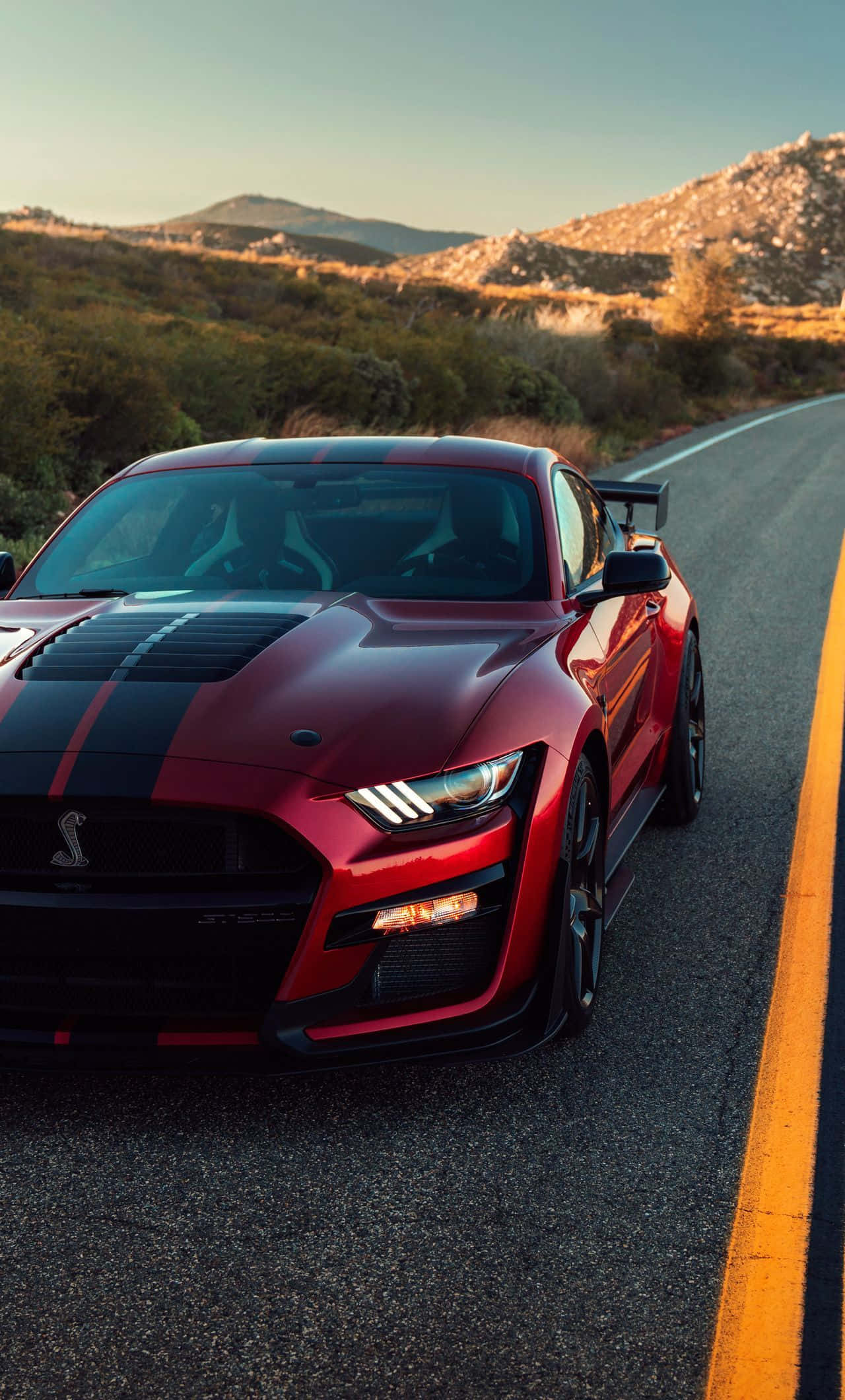 Mustang iPhone 桌布 壁紙 — 一輛亮紅色的 Shelby Mustang GT500 帶有黑色賽車條紋，在黃金時段沿著蜿蜒的山路飛馳。