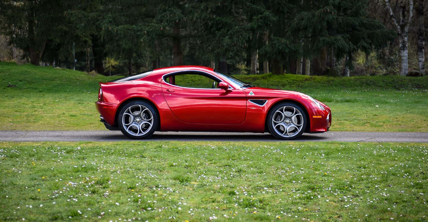 Alfa Romeo 8c Competizione 桌布 壁紙 — 一輛亮紅色的Alfa Romeo跑車停在碎石路旁，旁邊是點綴著白色花朵的草地。