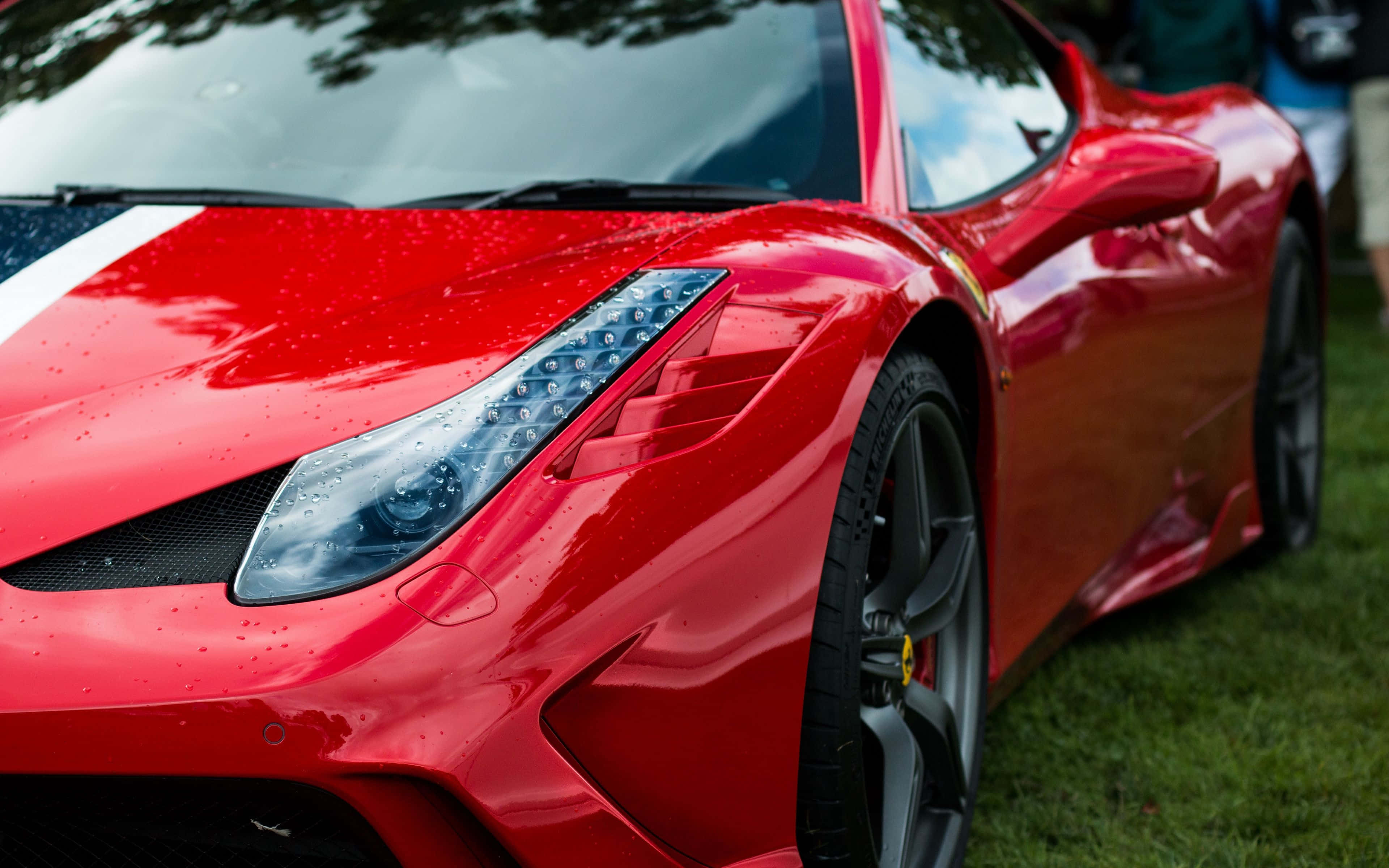 Ferrari 458 Speciale 桌布 壁紙 — 一輛亮紅色的法拉利跑車，雨滴在引擎蓋和時尚的車頭燈上閃閃發光，停放在草地上。