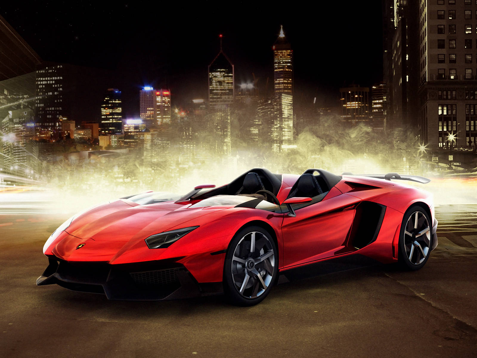4K 藍寶堅尼 桌布 壁紙 — 一輛亮紅色的藍寶堅尼 Aventador Roadster 在夜間穿過霓虹燈照亮的城市景觀，帶有動態模糊和發光的摩天大樓在後面。