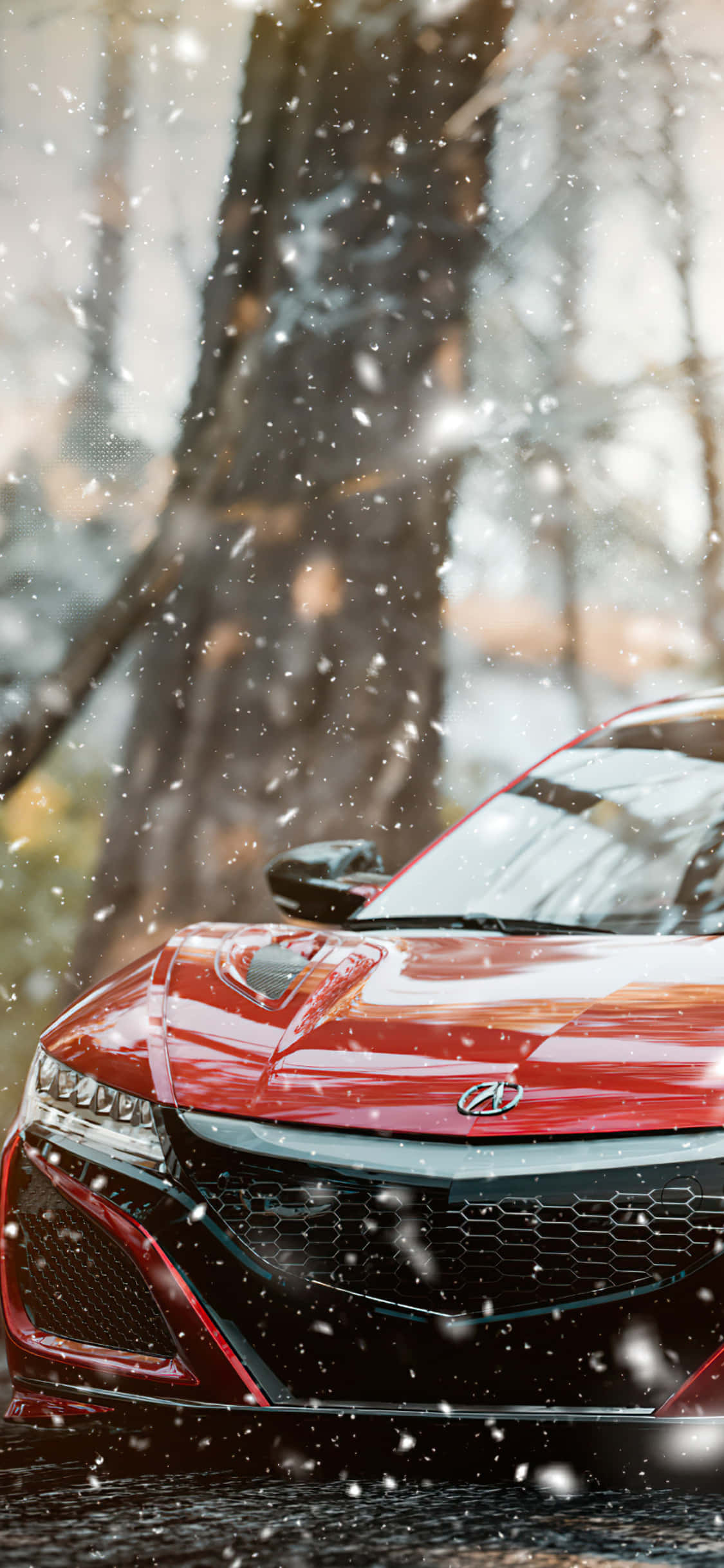 Pixel 3 Forza Horizon 4 桌布 壁紙 — 一輛亮紅色的跑車停在白雪覆蓋的森林中，飄落的雪花捕捉著柔和的冬日光線。