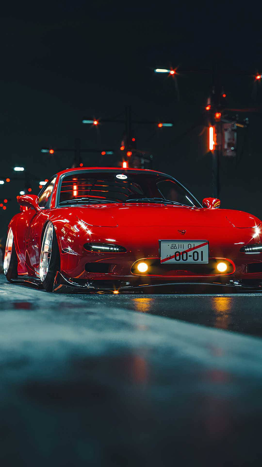 紅色跑車在夜間於濕滑的城市街道上飄移，伴有閃爍燈光。