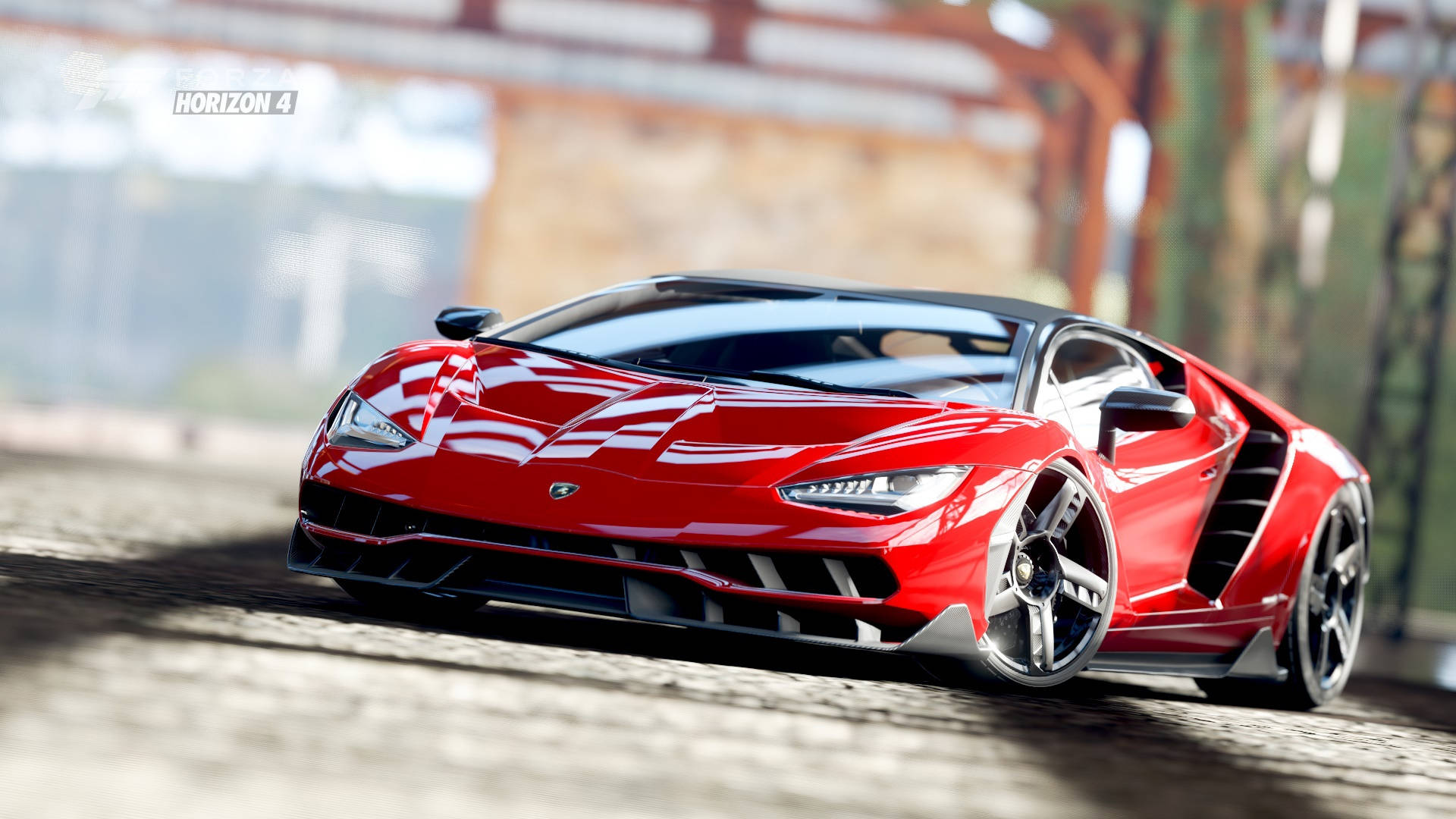 跑車 桌布 壁紙 — 一輛亮紅色藍寶堅尼 Aventador SVJ 停放在橋下陽光照耀的鵝卵石街道上。