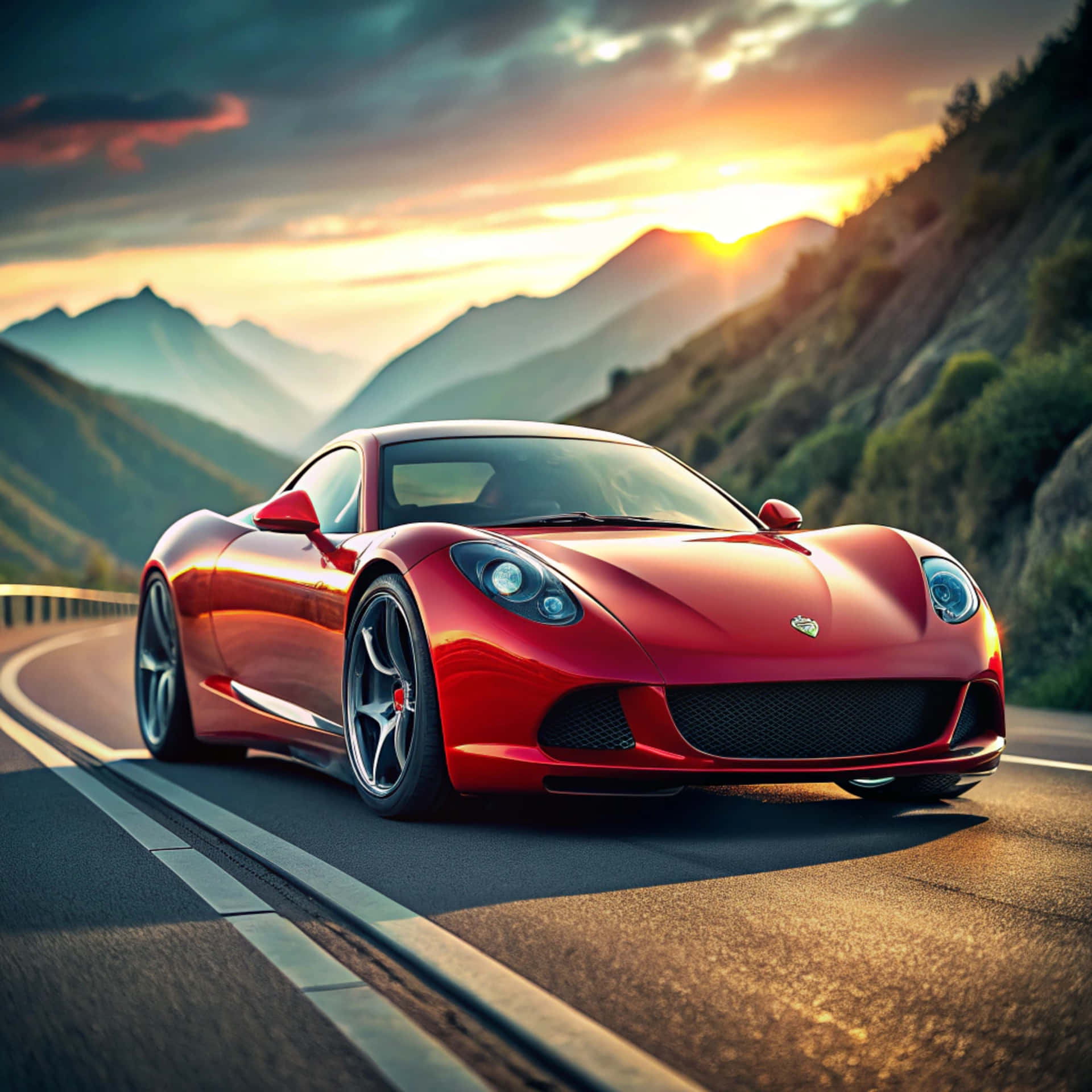 Sports car 壁紙 — 一輛亮紅色跑車在日落時分沿著蜿蜒的山路行駛，背景有戲劇性的雲層和遠山。