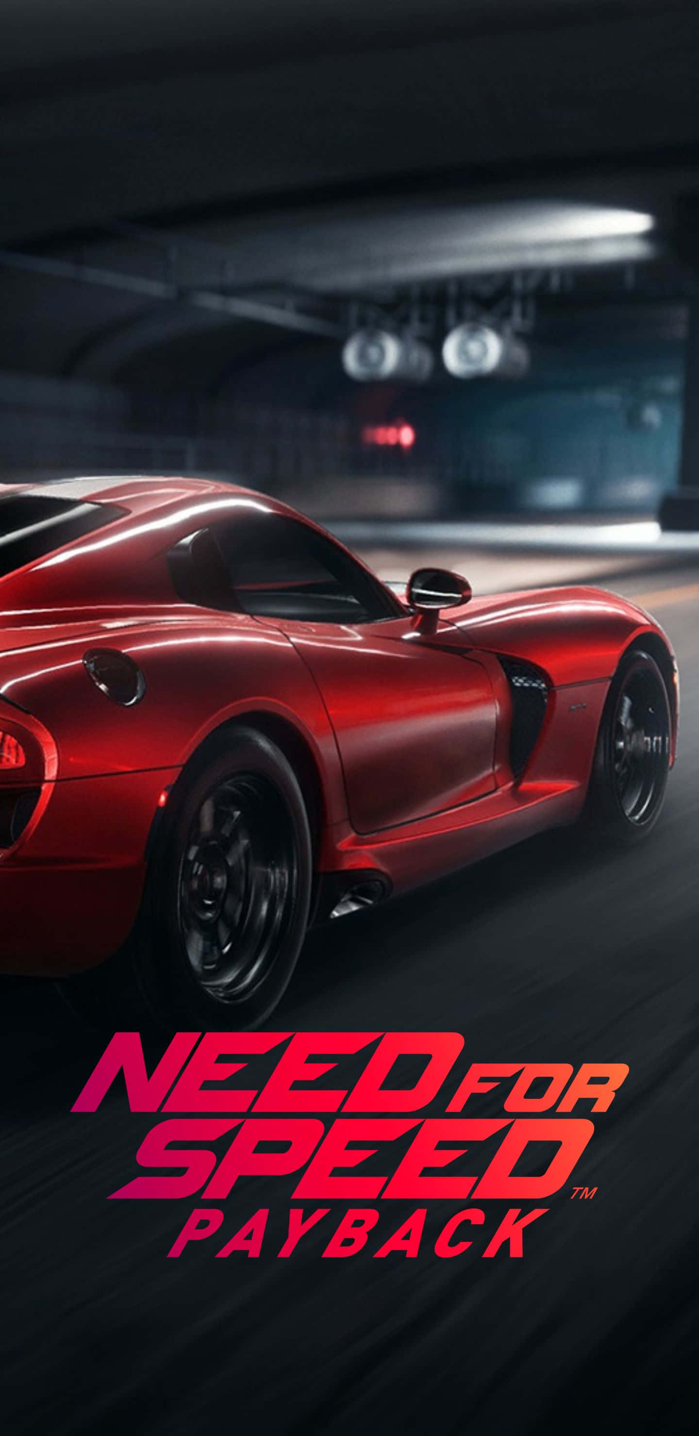 Pixel 3xl Need For Speed Payback 桌布 壁紙 — 一輛亮紅色跑車在燈光昏暗的地下車庫中疾馳，帶有動態模糊和霓虹燈效果。