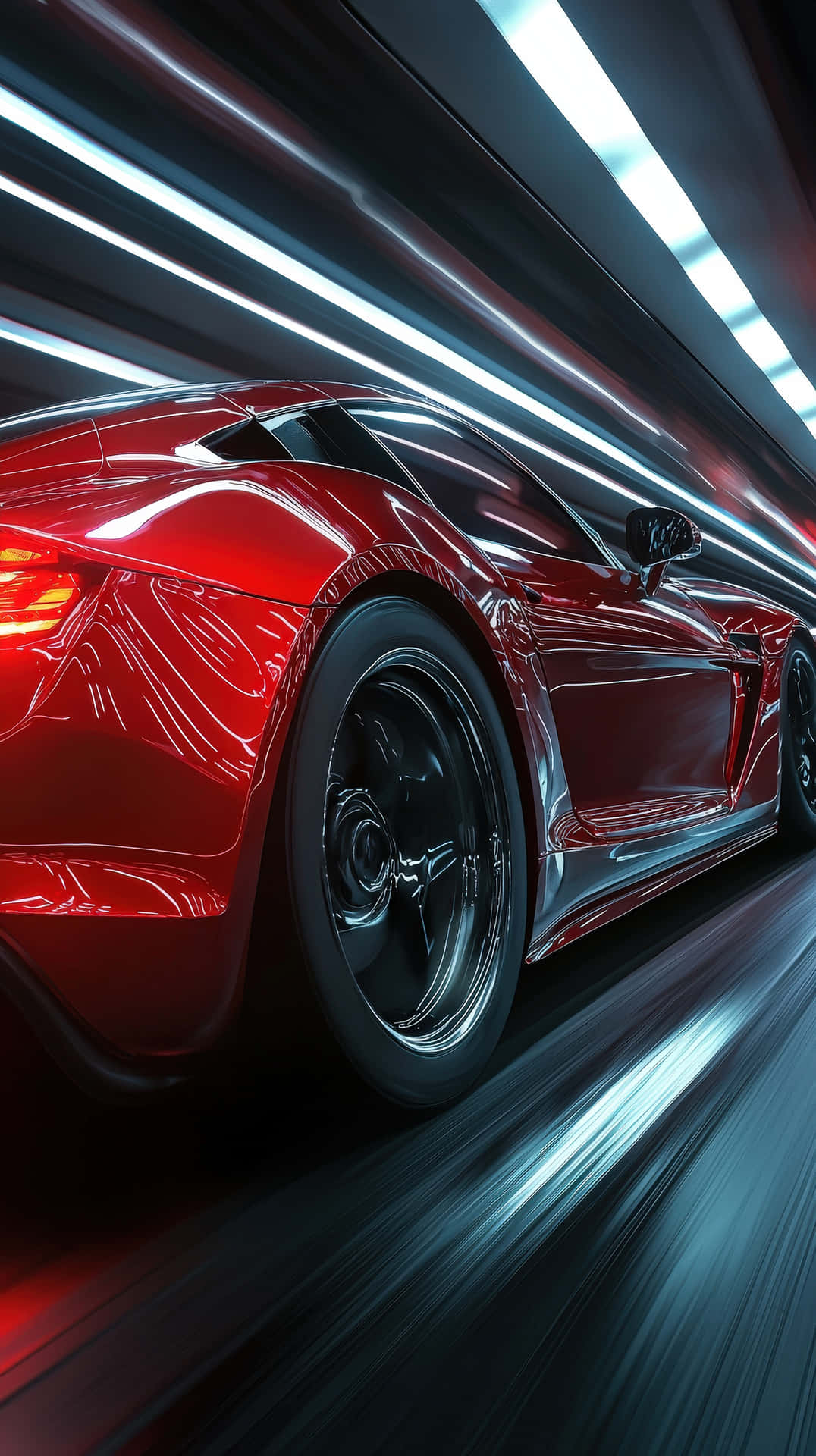 Red Sports Car Racing Through Futuristic Tunnel 壁紙 — 一輛亮紅色跑車在霓虹燈隧道中疾馳，帶有藍色和白色的光條。
