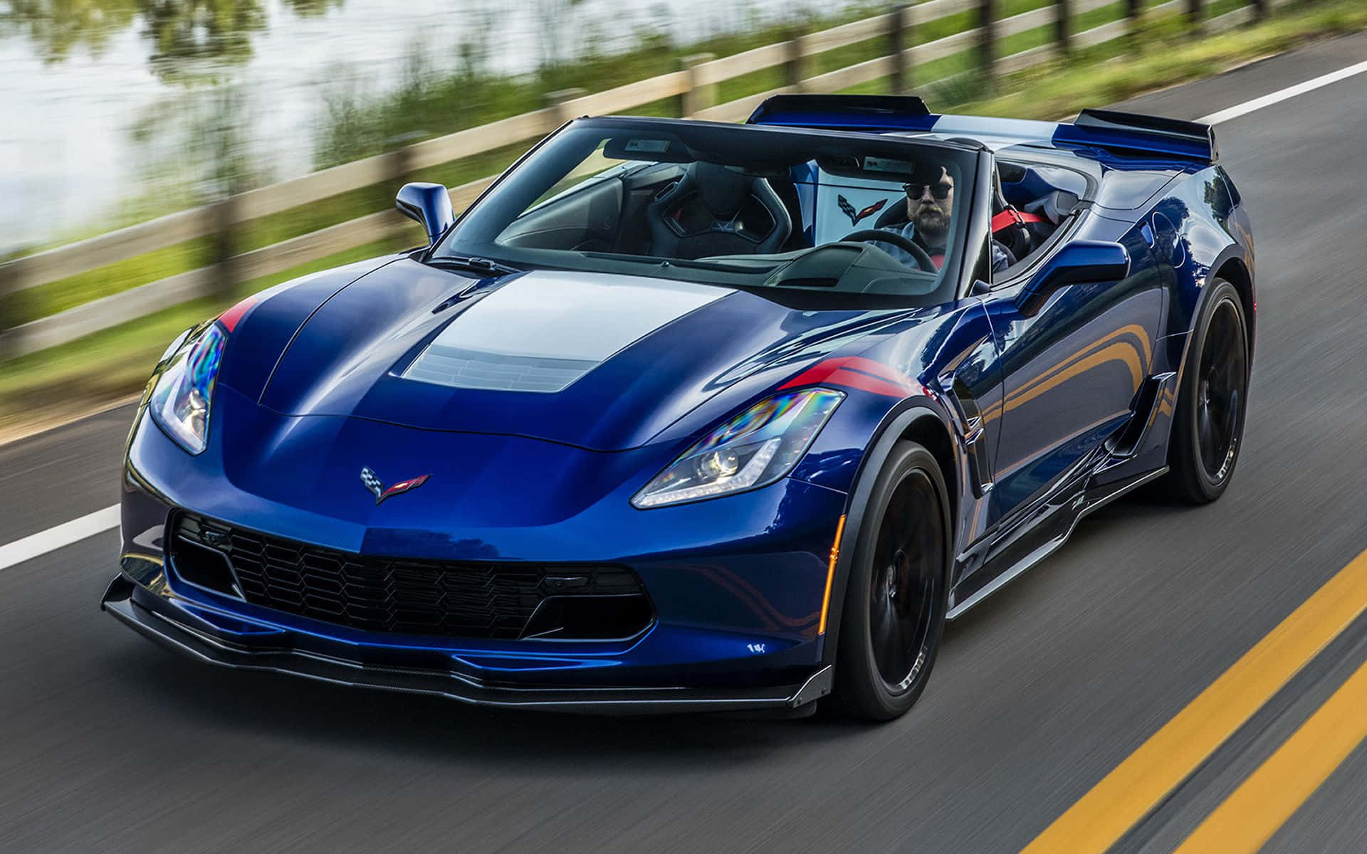 Chevrolet Corvette Grand Sport 桌布 壁紙 — 一輛亮藍色敞篷跑車在陽光明媚的道路上疾馳，背景是模糊的綠植和水面。