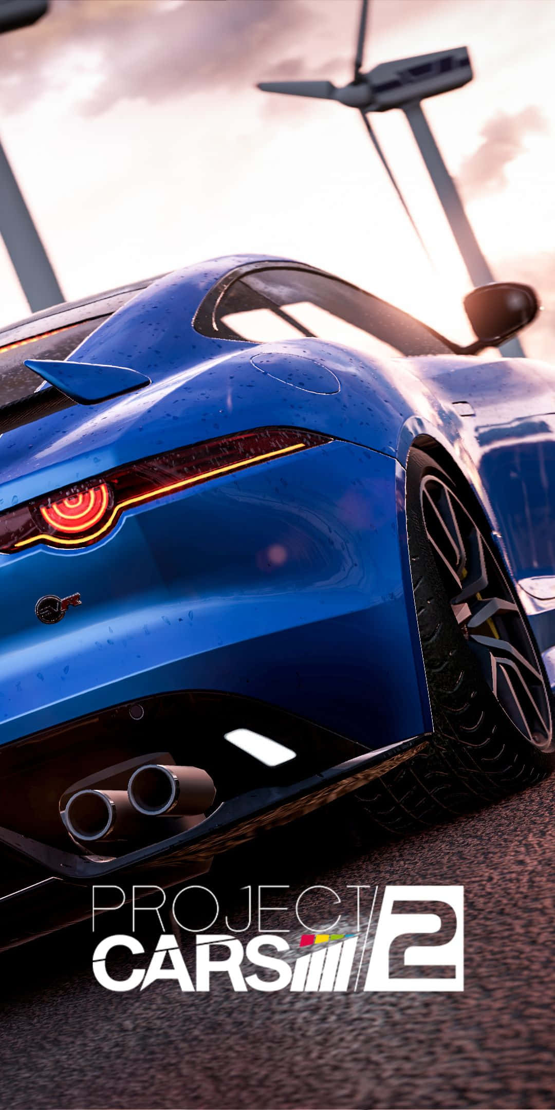 Pixel 3 Project Cars 2 桌布 壁紙 — 一輛亮藍色跑車，帶有發光的尾燈，停在瀝青路上，天空多雲，背景有風力渦輪機。
