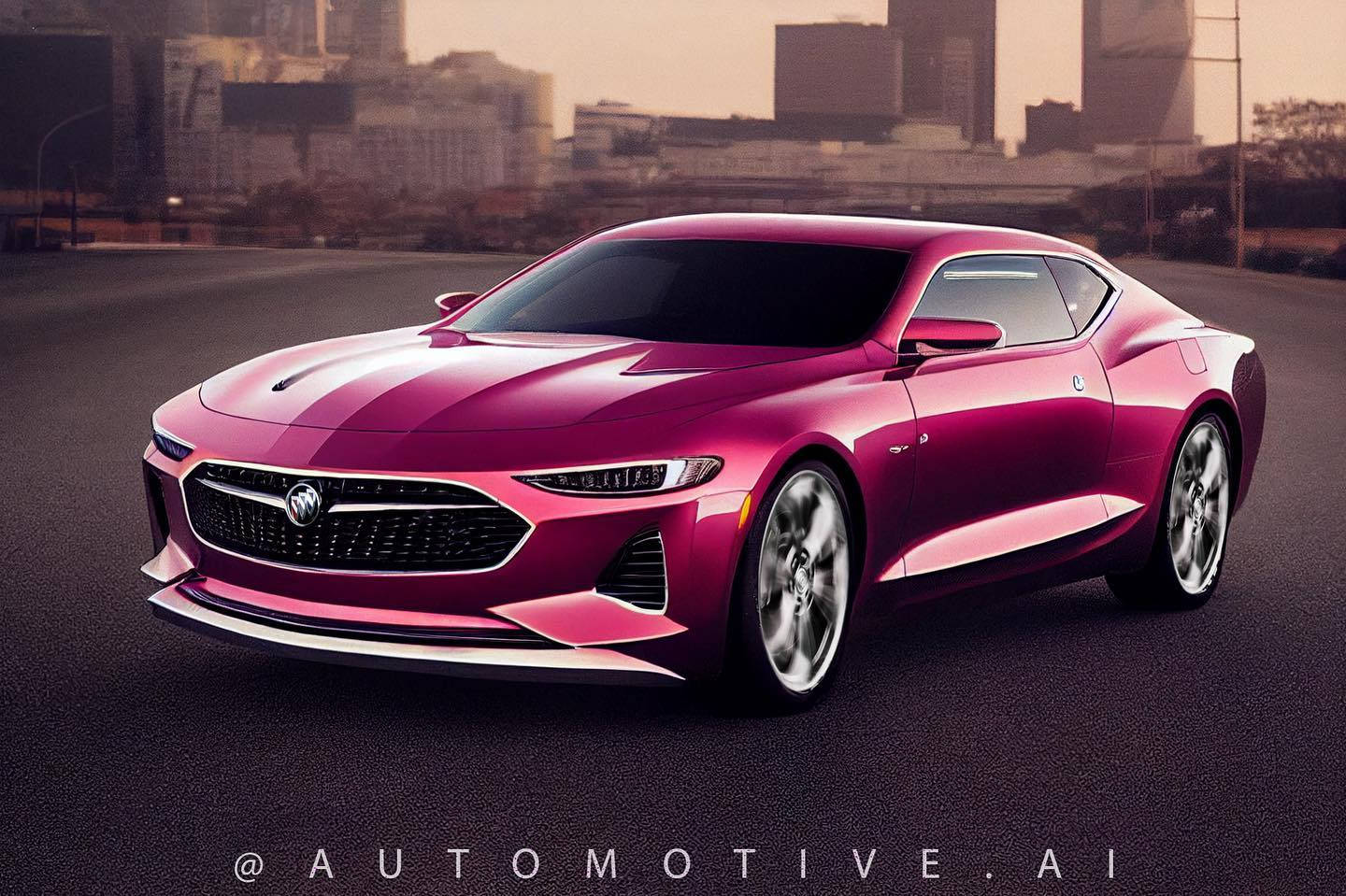 Buick 桌布 壁紙 — 一輛亮面洋紅色跑車，線條流暢，帶有鍍鉻飾邊，停泊在黃金時段的城市街道上。