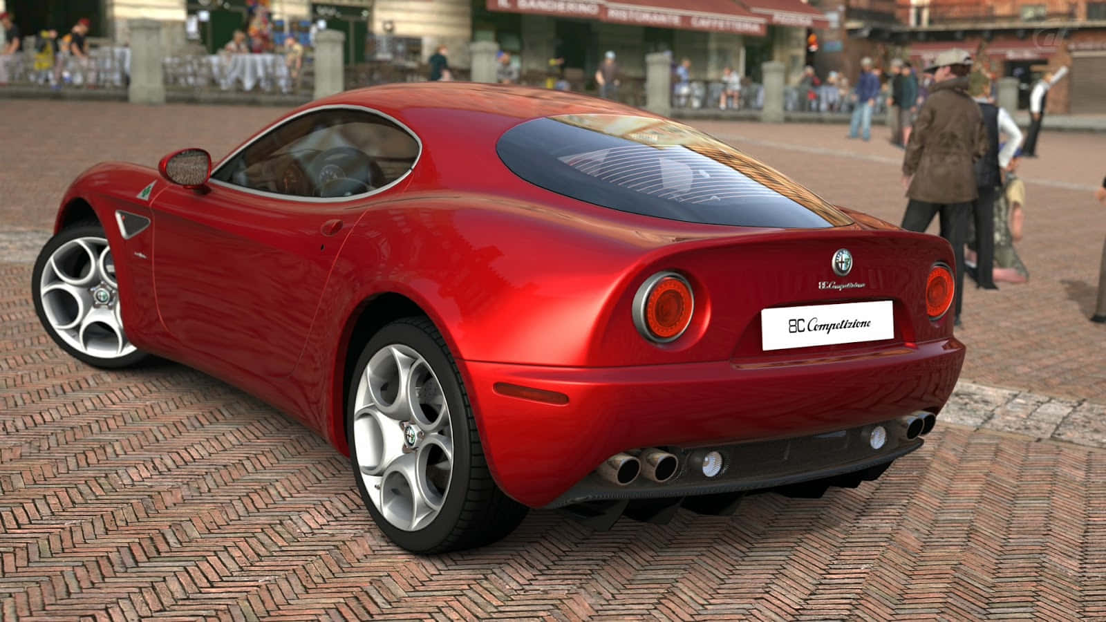 Alfa Romeo 8c Competizione 桌布 壁紙 — 一輛亮面紅色Alfa Romeo 8C Competizione跑車停放在磚砌廣場上，背景有人群。